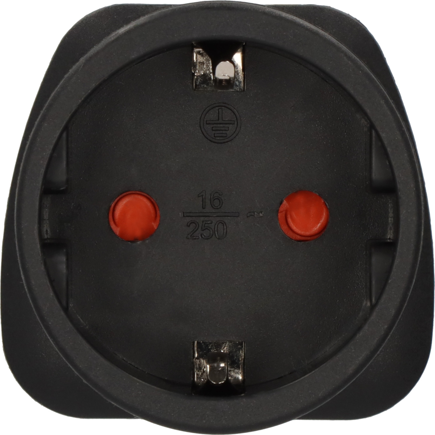 Czarna wtyczka z czerwonymi otworami i tekstem, okrągły kształt z pinami.