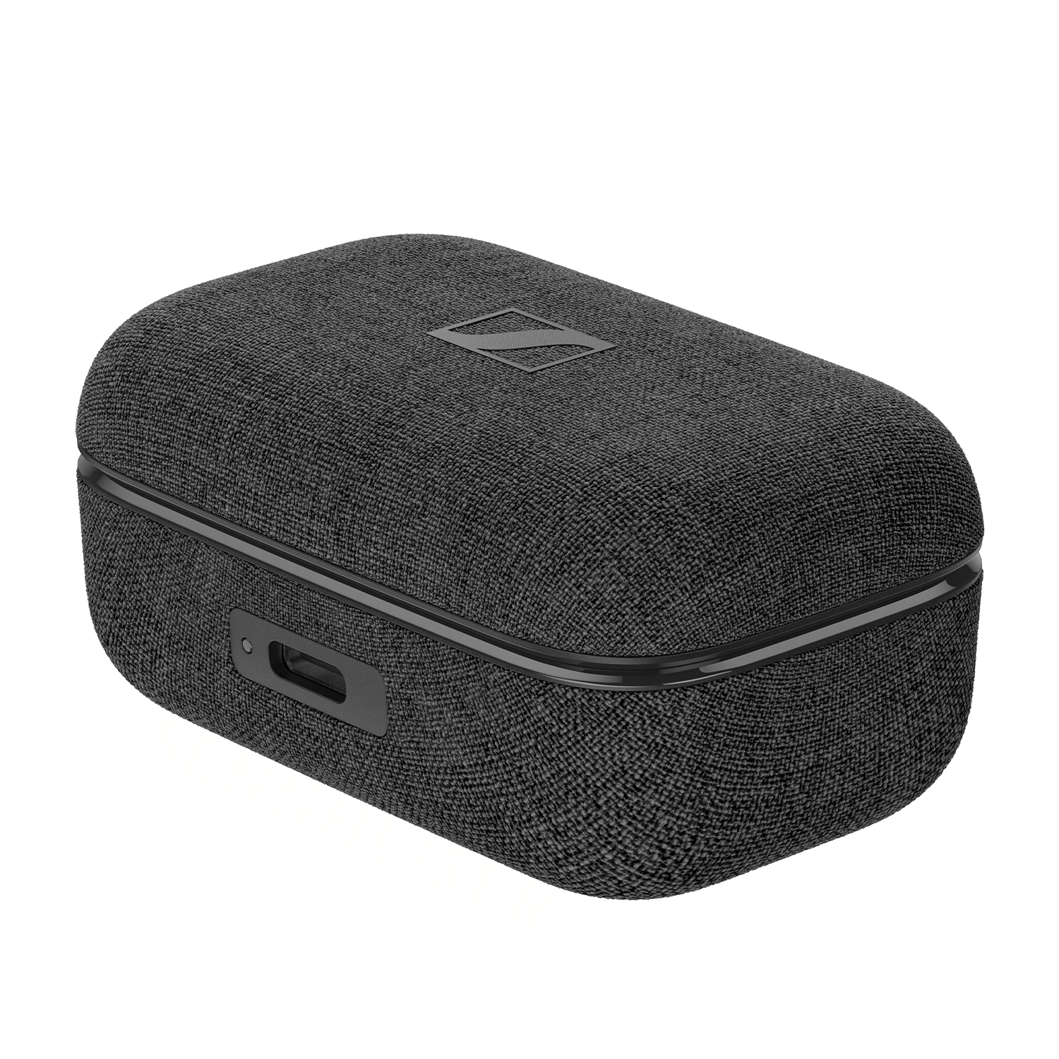 Una custodia nera di forma ovale con una trama in tessuto e il logo Sennheiser sulla parte superiore.