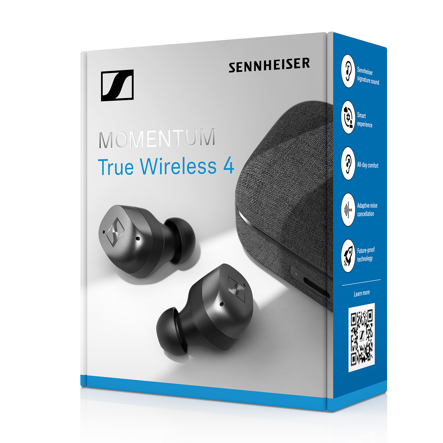 Auricolari e custodia Sennheiser Momentum True Wireless 4 su scatola bianca. Funzionalità sul lato.