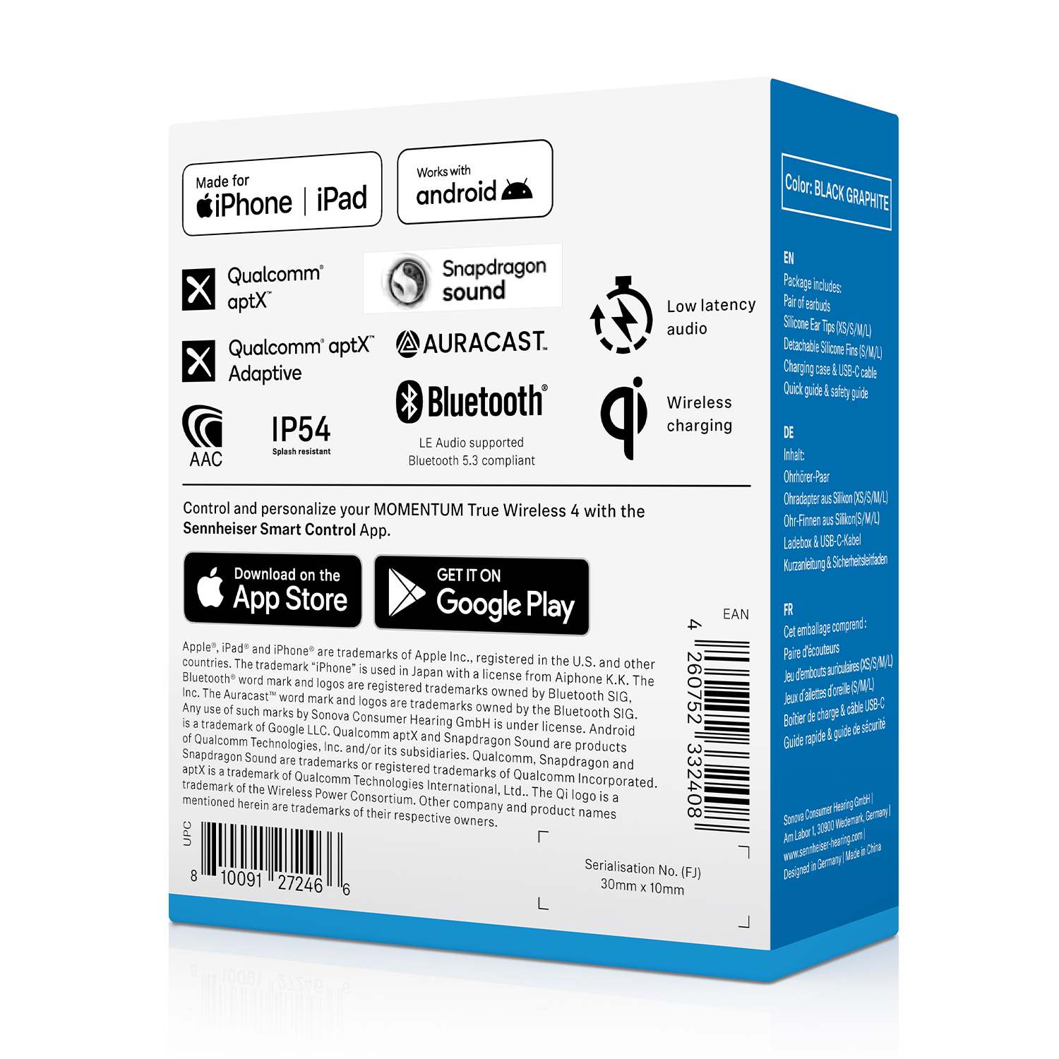 Scatola in bianco e nero, dettagli di cuffie wireless, sfondo bianco.