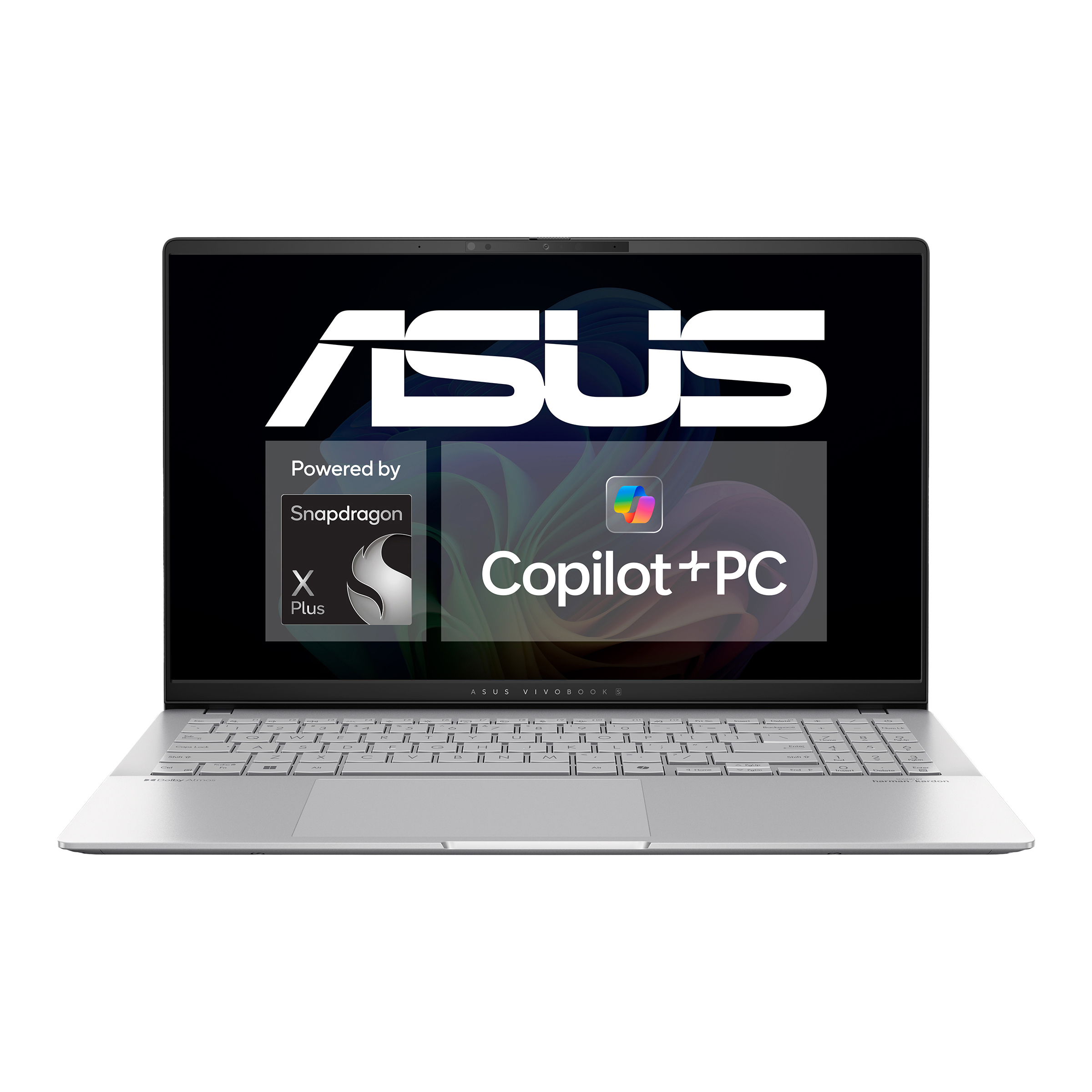 Silberner Laptop mit einem Bildschirm, der 'ASUS' und 'Powered by Snapdragon X Plus' anzeigt.