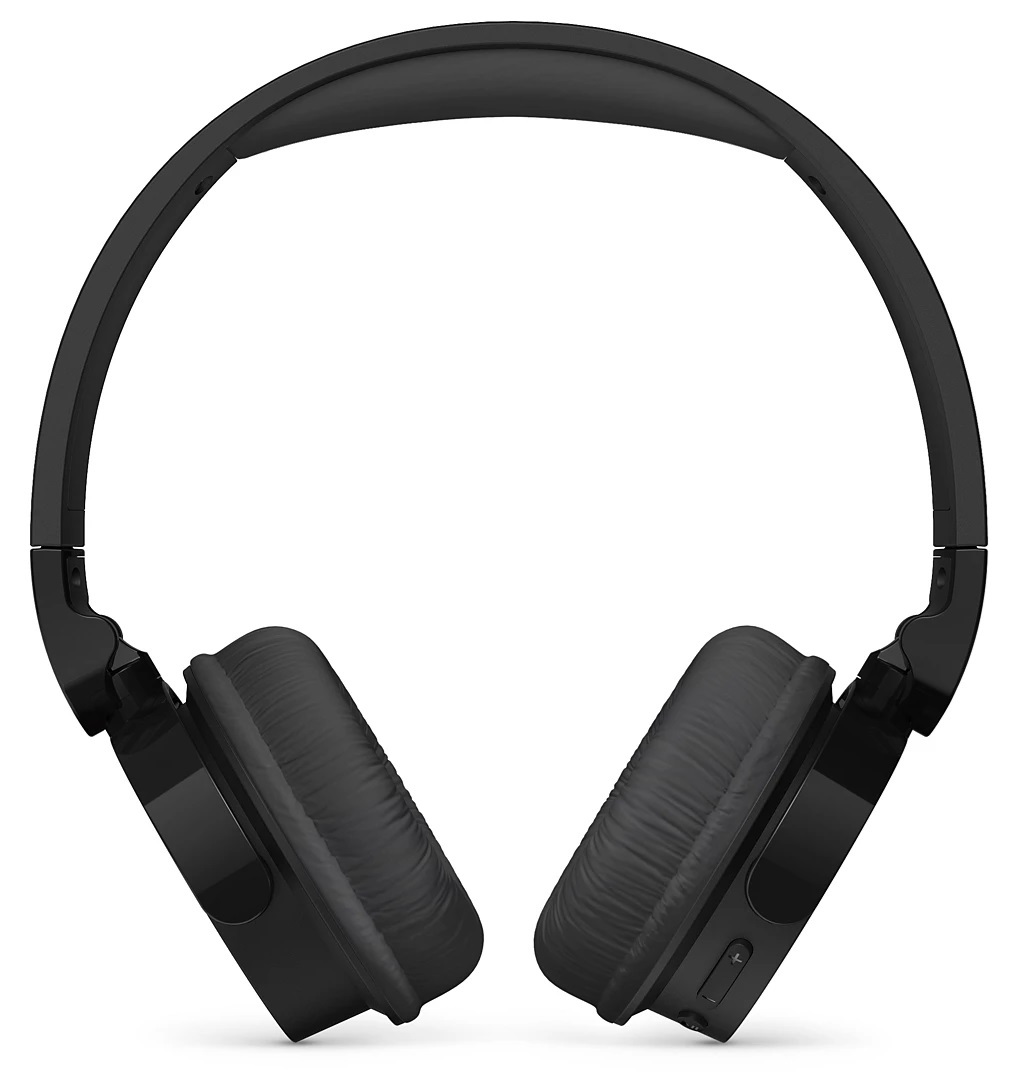 Czarne słuchawki, pokazujące nauszniki i pałąk. Nauszniki mają wyściełane poduszki dla wygody.