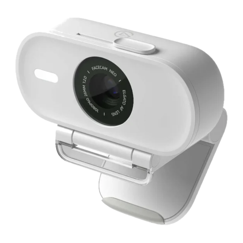 Eine weiße Elgato Facecam Neo Webcam. Sie hat ein Objektiv, ein Licht und ein Scharnier zur Befestigung. Der Hintergrund ist schwarz.