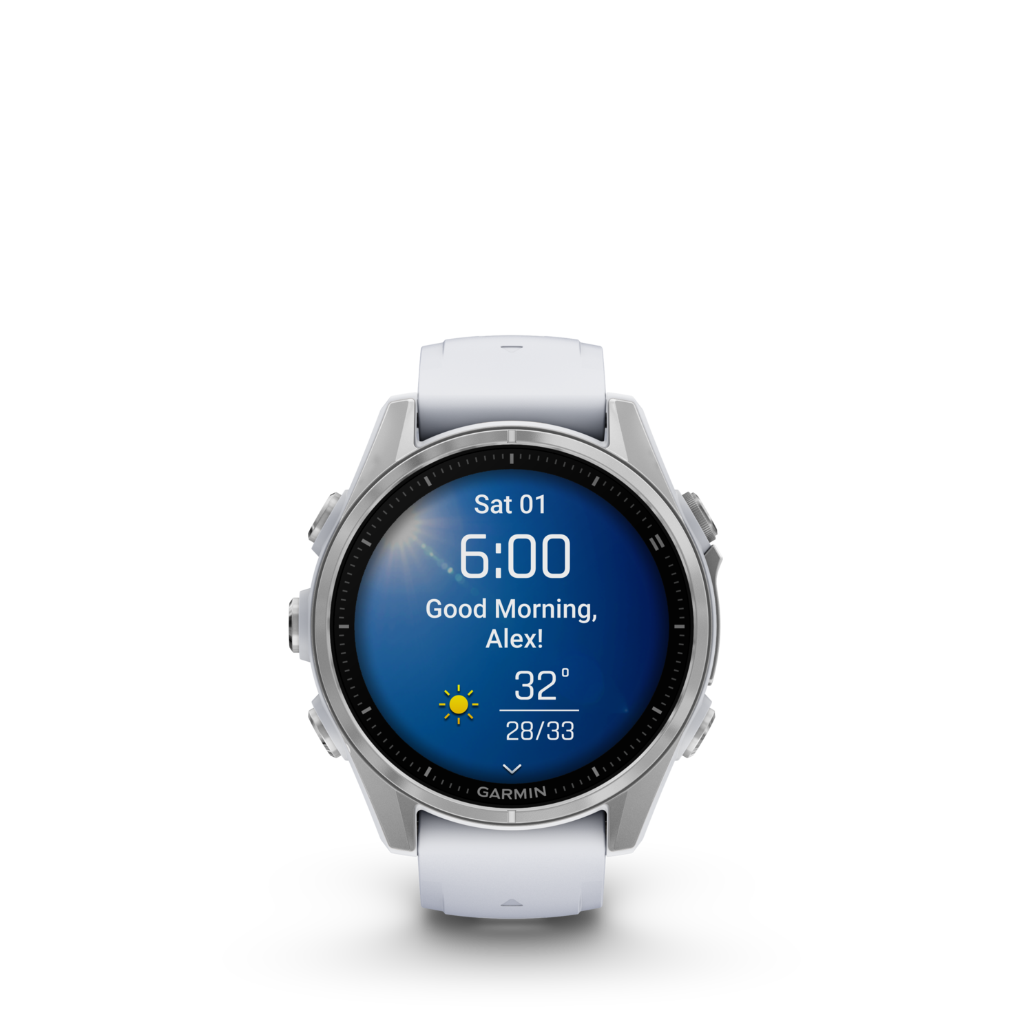 Une smartwatch Garmin avec affichage de l'heure et de la météo, sur fond noir.