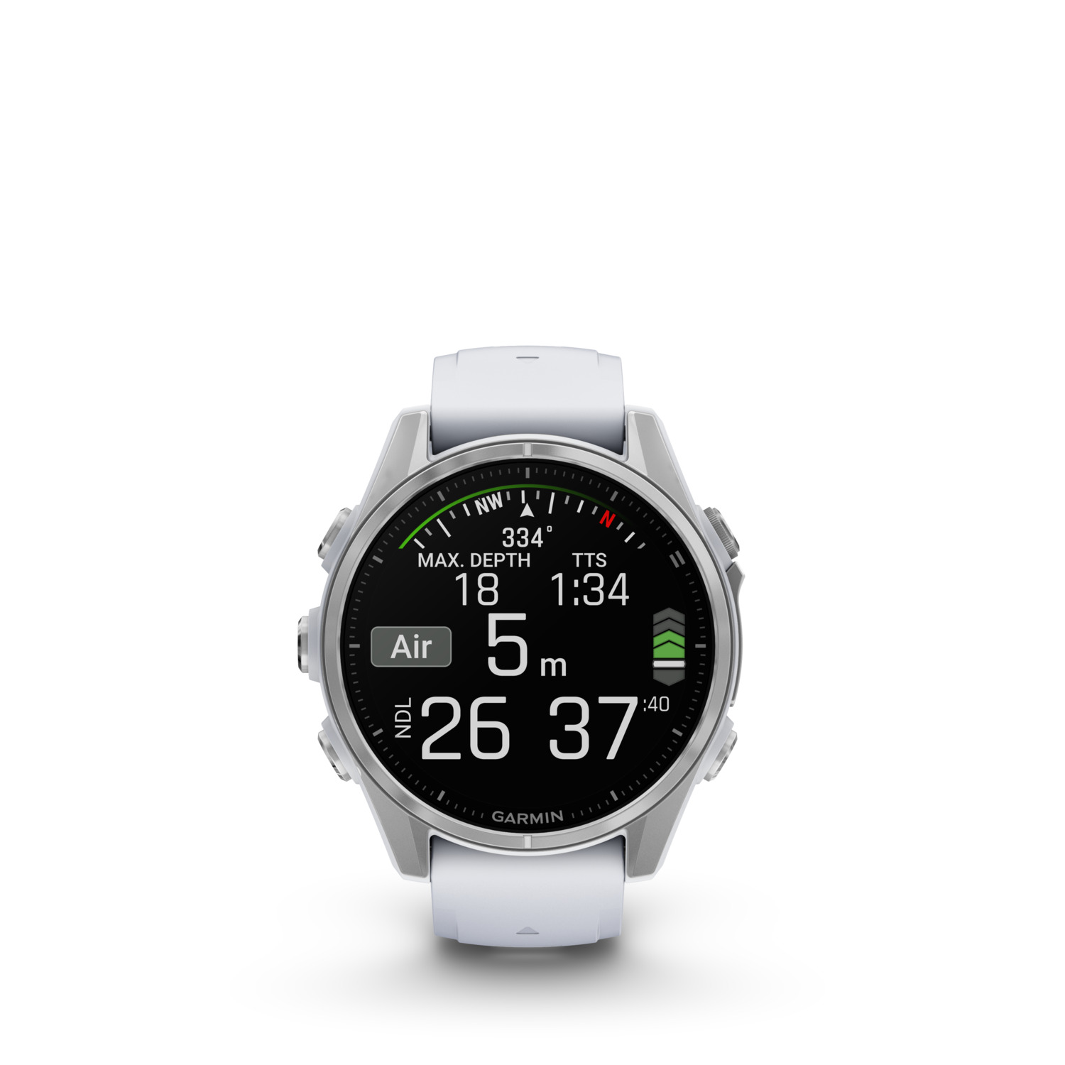 Une montre de plongée Garmin blanche affiche des données: profondeur, air, heure et cap.