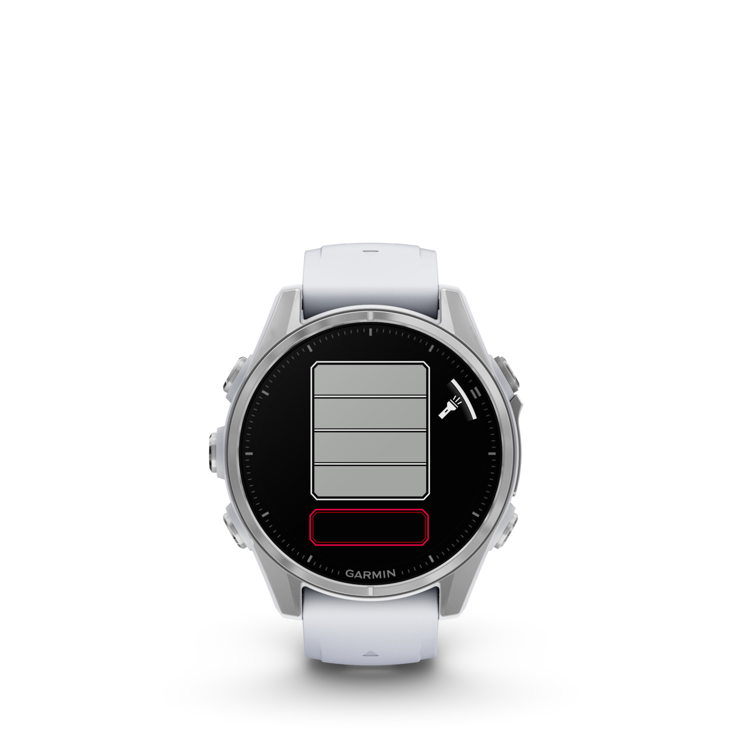 Une montre intelligente Garmin blanche affichant une icône de batterie avec une barre rouge vide.