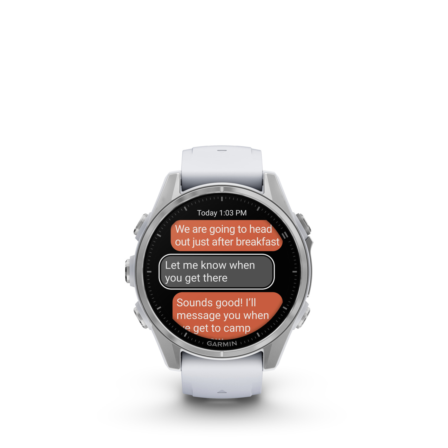 Une montre intelligente blanche affiche une conversation par SMS. La montre a un bracelet blanc et un écran noir.
