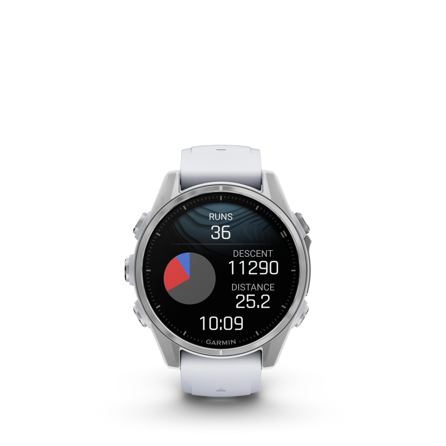 Smartwatch Garmin avec bracelet blanc. Affiche courses, descente, distance et heure à l'écran.