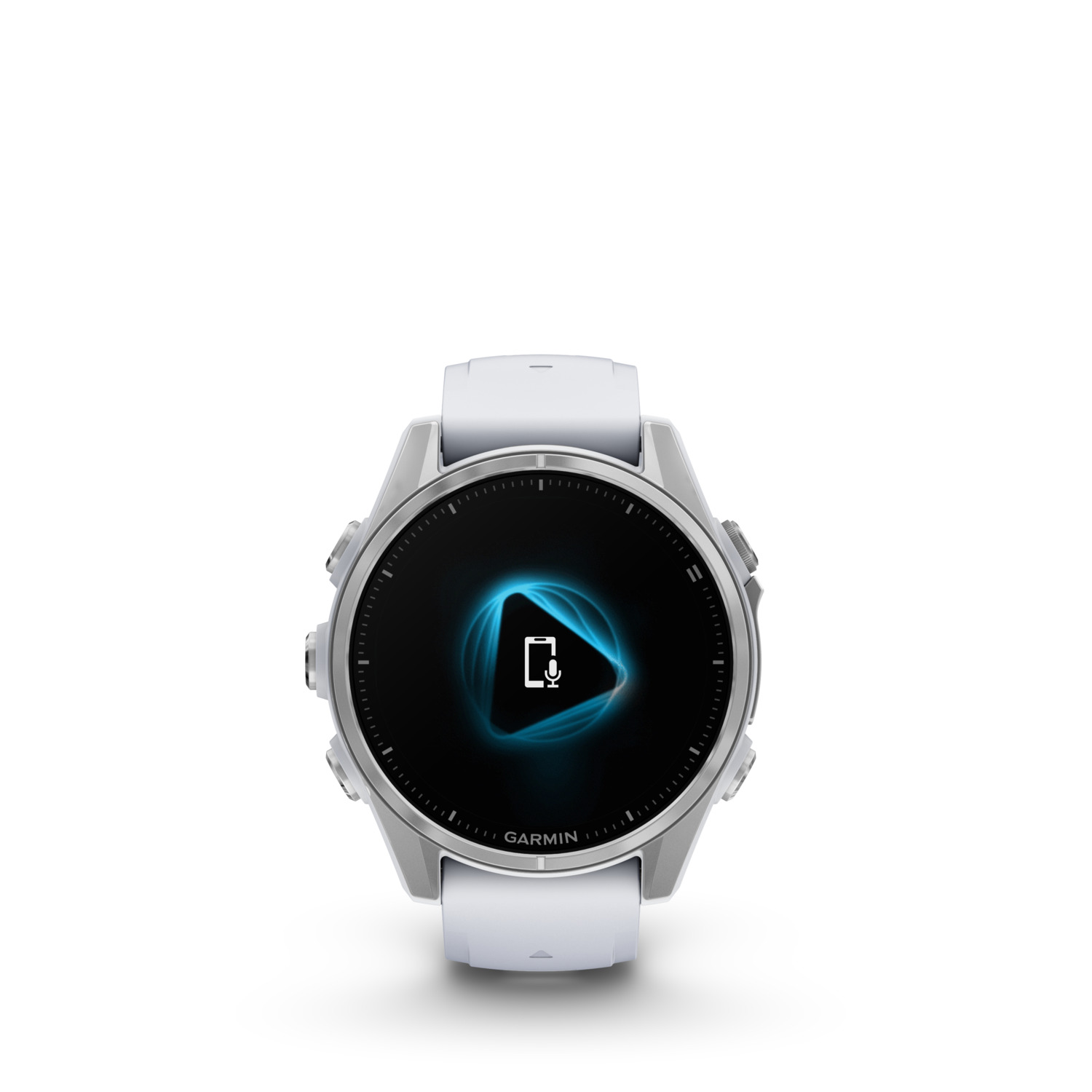 Montre connectée Garmin blanche. L'écran affiche une icône de microphone. Isolé sur fond blanc.