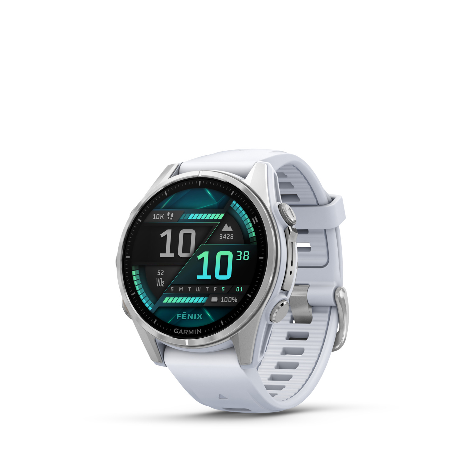 Une montre Garmin Fenix blanche et argentée. L'écran affiche des chiffres et des données. Fond blanc.