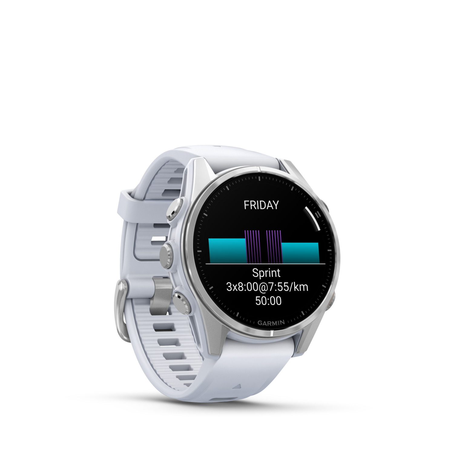 Smartwatch Garmin blanche affichant un entraînement de sprint avec temps et distance.