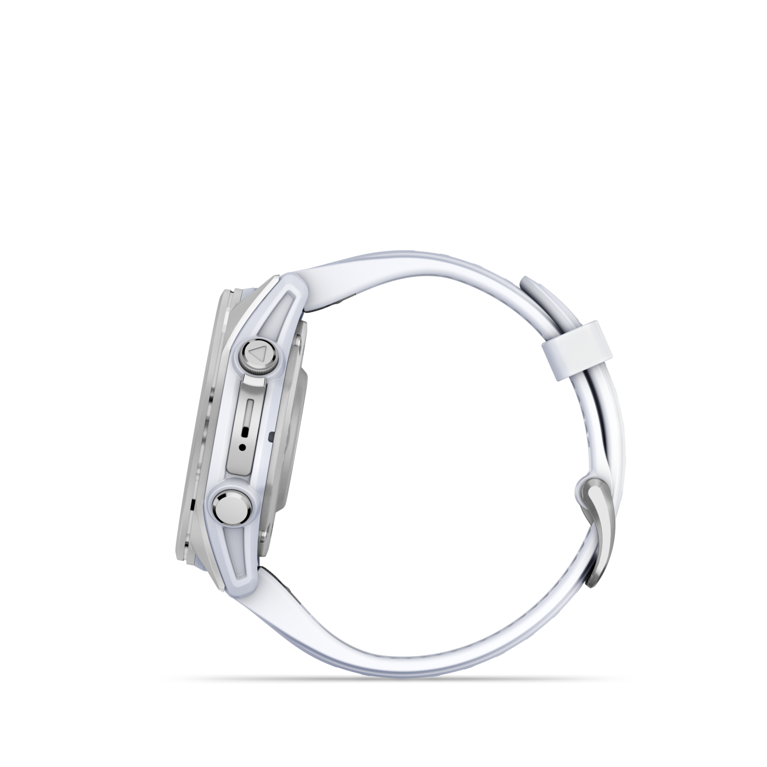 Vue latérale d'une montre connectée blanche avec bracelet blanc sur fond noir.