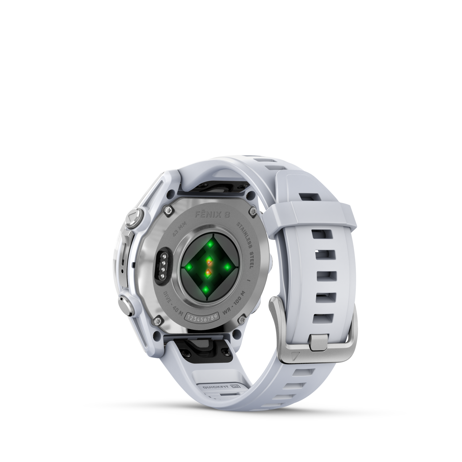 Vue arrière de la smartwatch. Bracelet blanc, capteur de fréquence cardiaque et numéro de série.