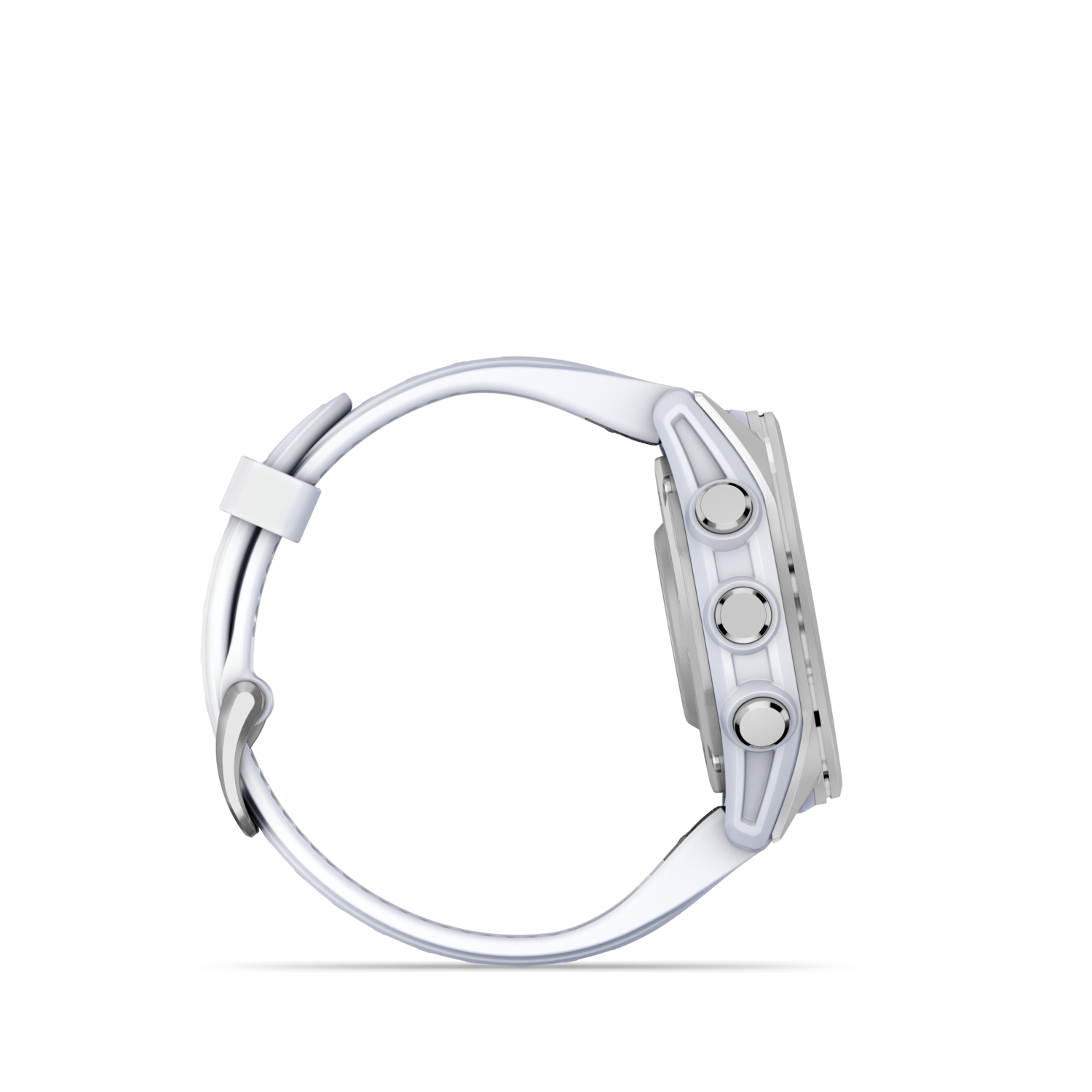 Montre connectée blanche avec bracelet blanc, vue de côté, sur fond noir.