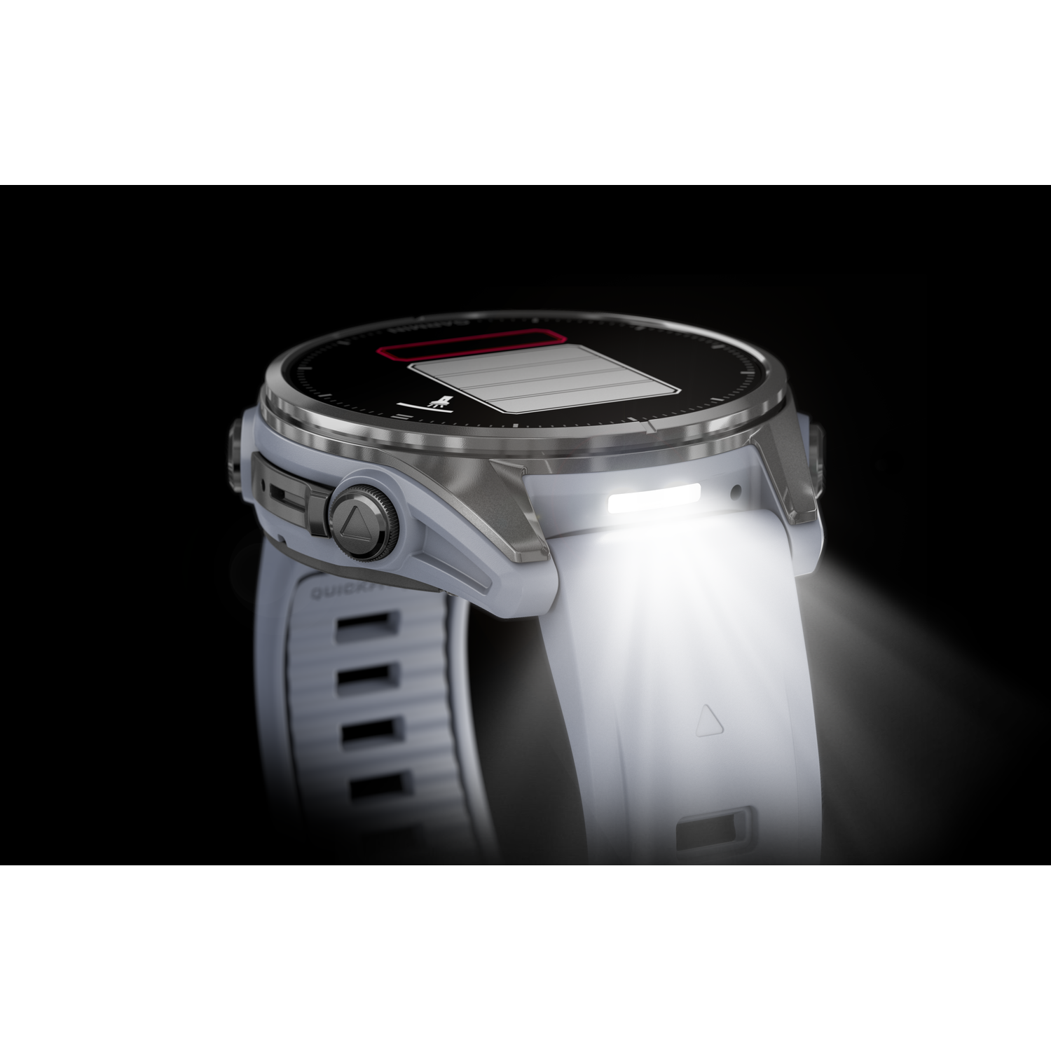 Une montre intelligente blanche avec une lumière brillante, sur un fond noir.
