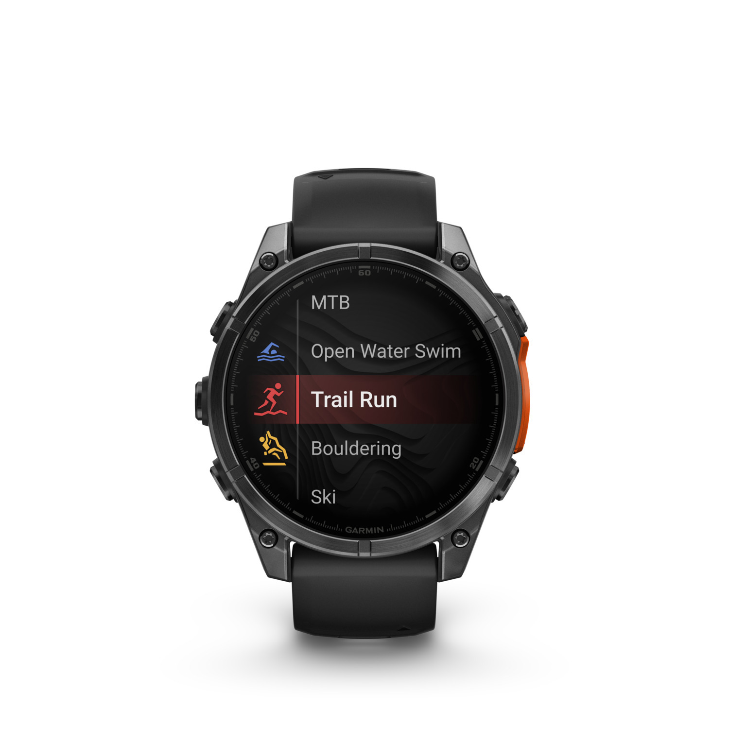 Une smartwatch Garmin noire affiche des options d'activité comme Trail Run.