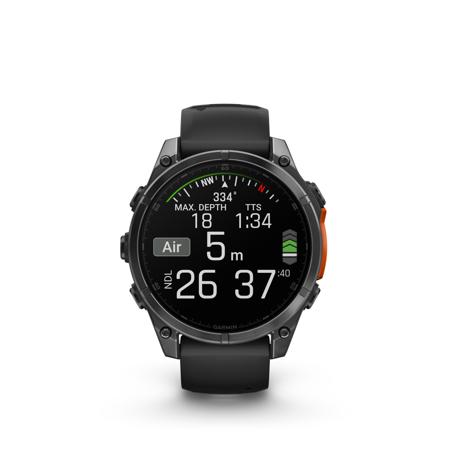 Montre de plongée Garmin noire avec un affichage numérique indiquant la profondeur, l'heure et d'autres mesures.