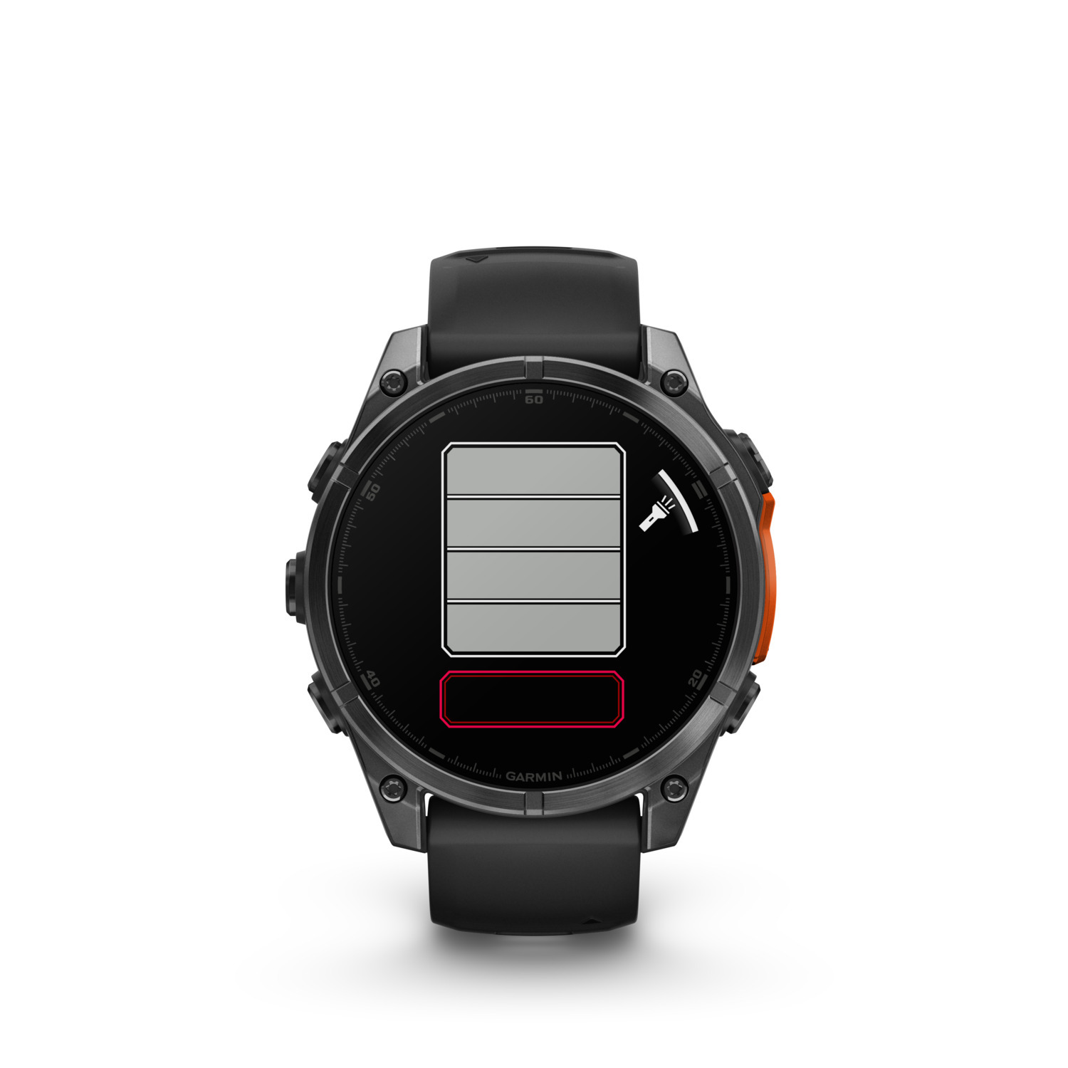 Smartwatch noire affichant une icône de batterie avec un indicateur rouge.