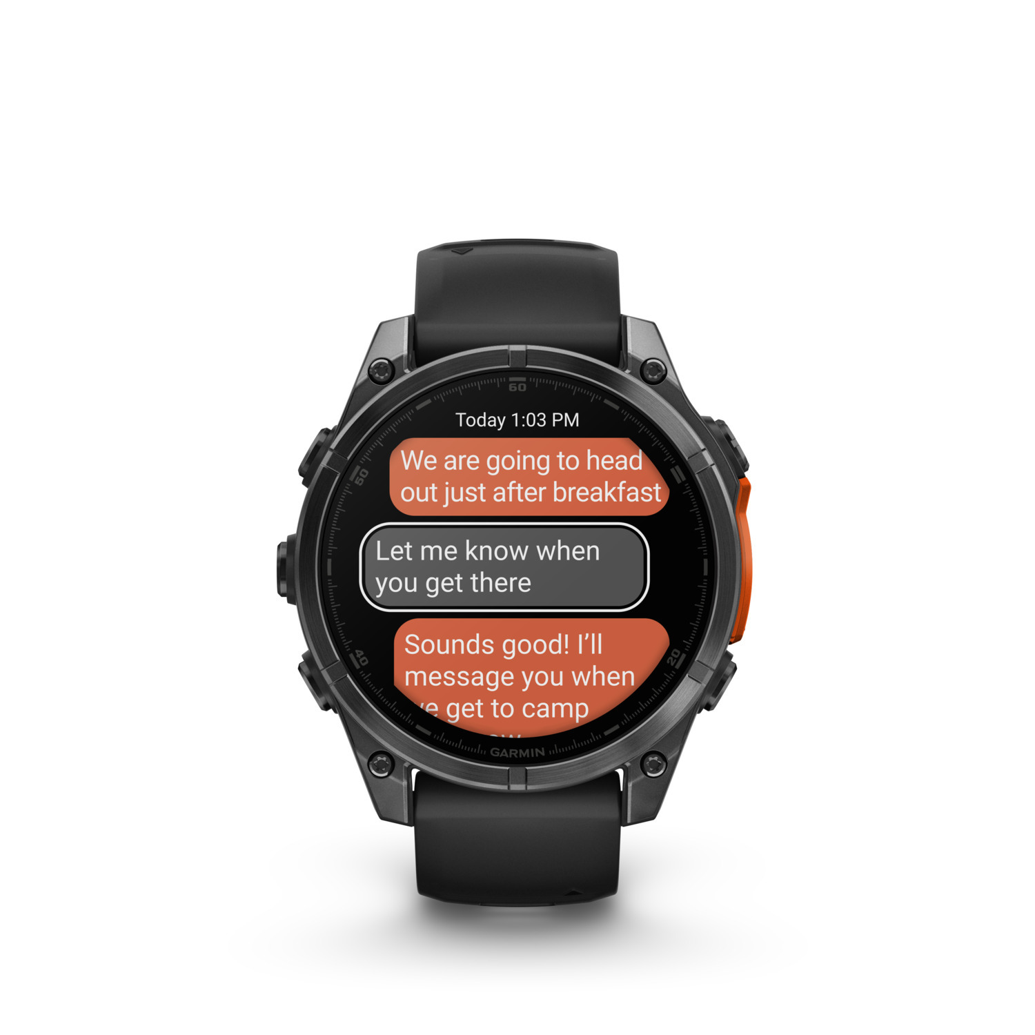 Smartwatch affichant des SMS. L'écran montre une conversation sur le camping.