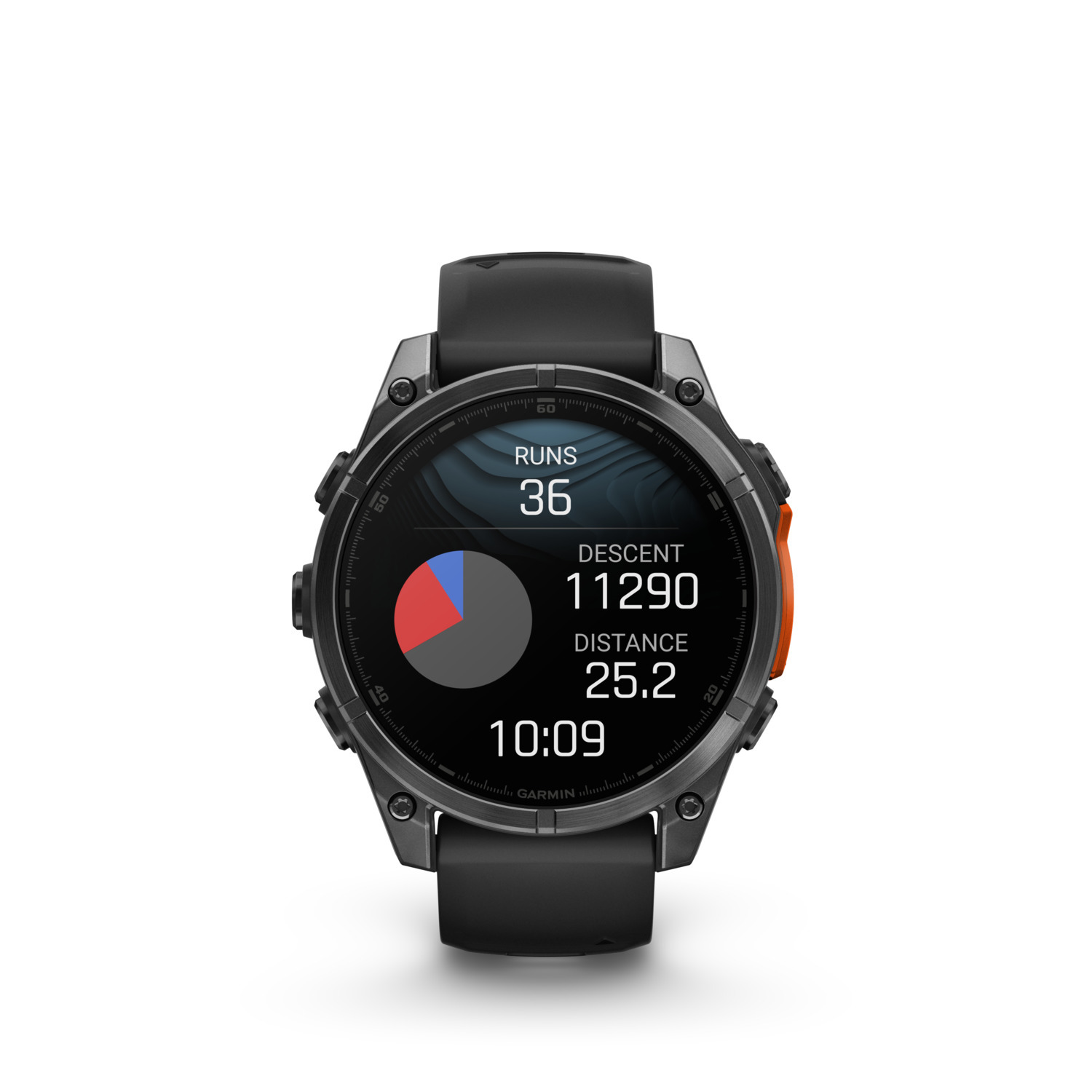Une smartwatch noire avec un affichage numérique montrant les mesures de fitness et des accents oranges.