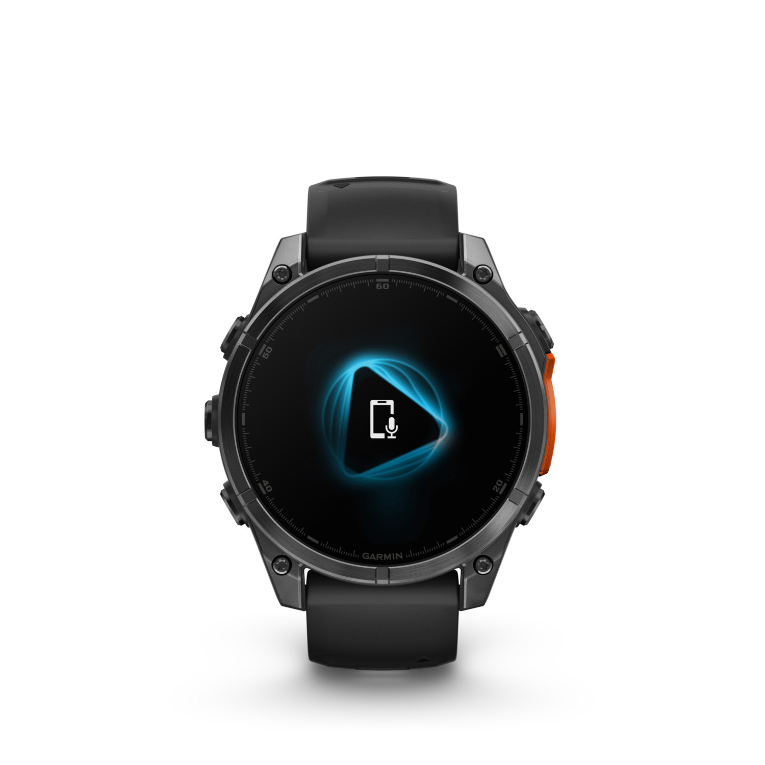 Une smartwatch Garmin noire et grise avec un écran affichant une icône de microphone sur fond blanc.