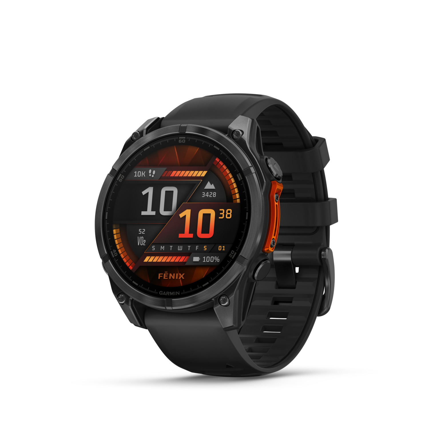 Montre connectée Garmin Fenix noire avec des accents orange. Affiche l'heure et les mesures de santé.