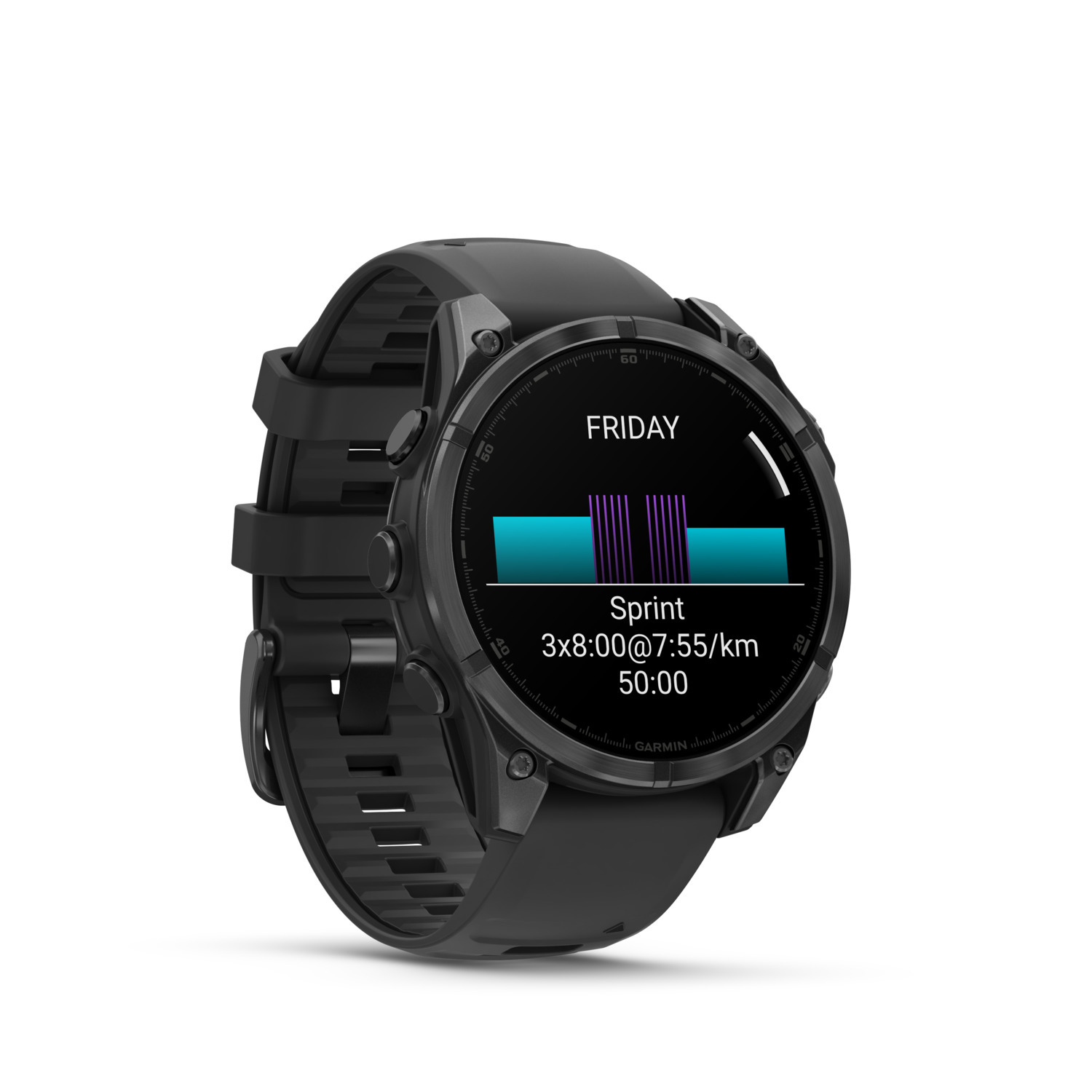 Une smartwatch Garmin noire affichant un entraînement de sprint avec un graphique et du texte sur fond blanc.