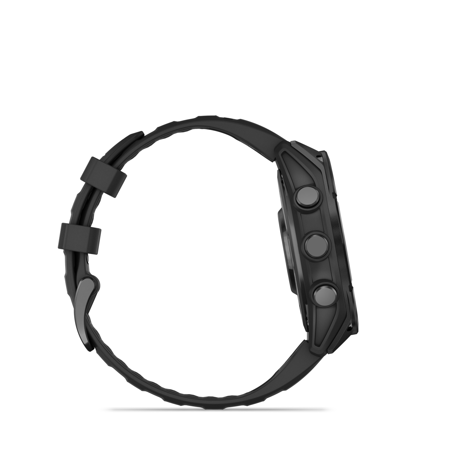 Une montre intelligente noire avec trois boutons sur le côté et un bracelet noir est présentée de profil.
