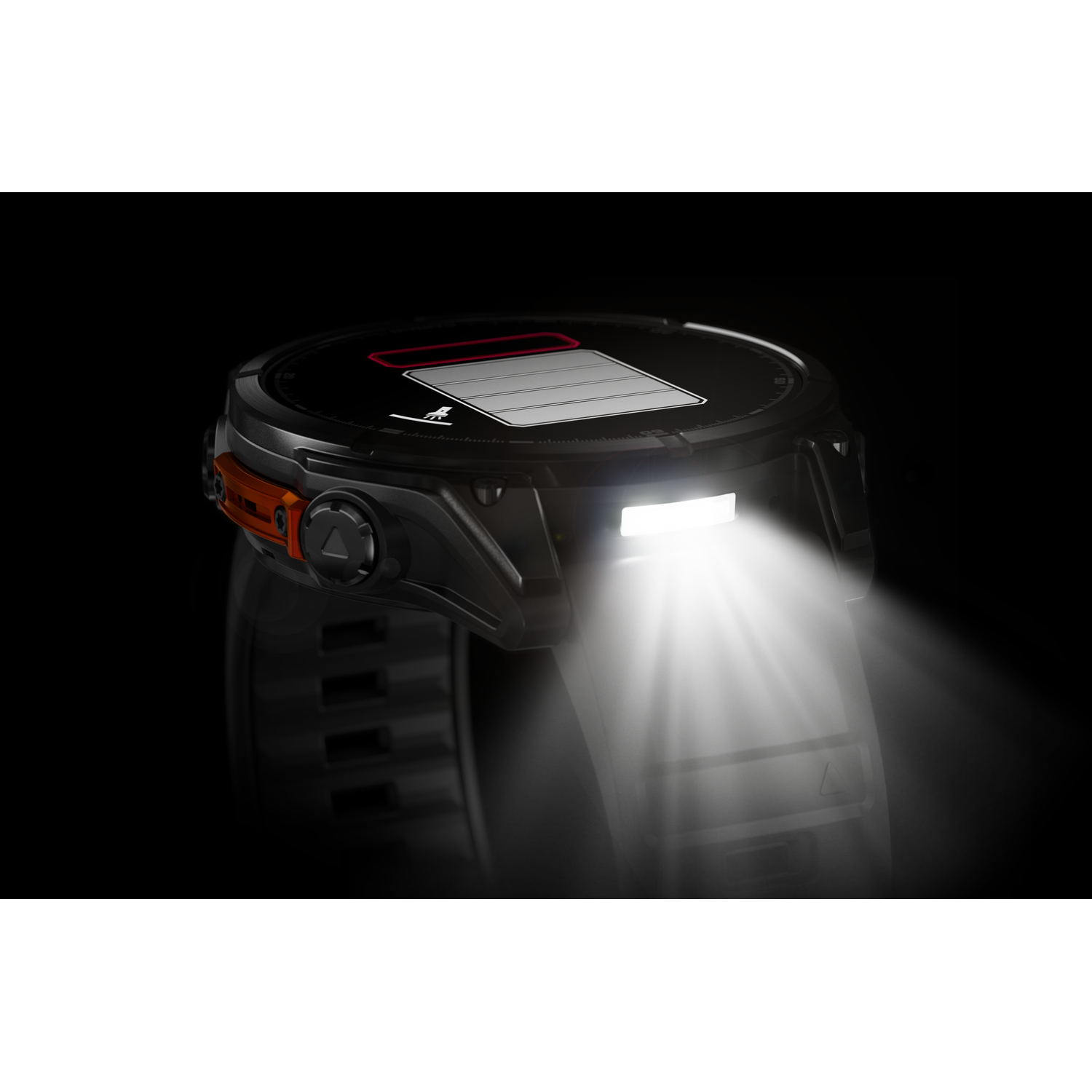 Une smartwatch avec une fonction lampe de poche émettant un faisceau lumineux.