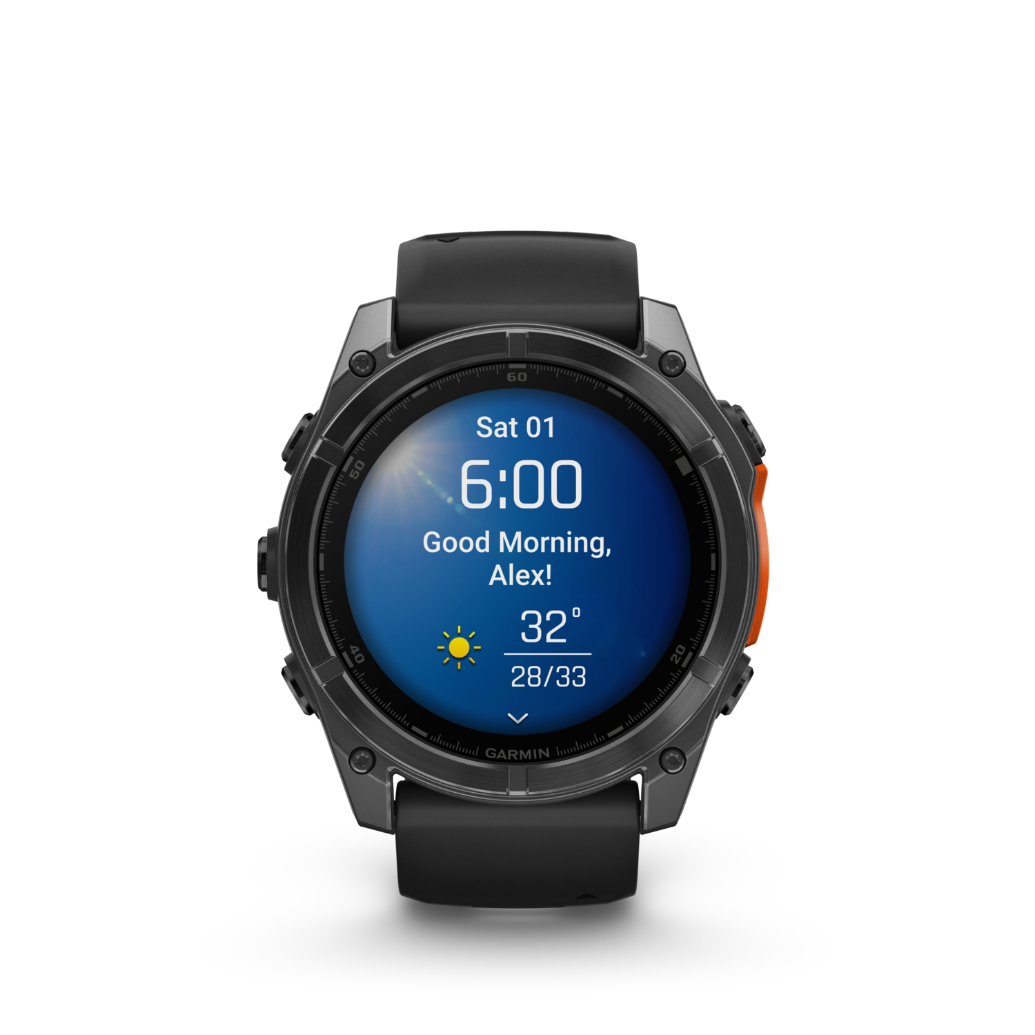 Een zwarte smartwatch die tijd, datum en weergeeft met een blauw-oranje interface.