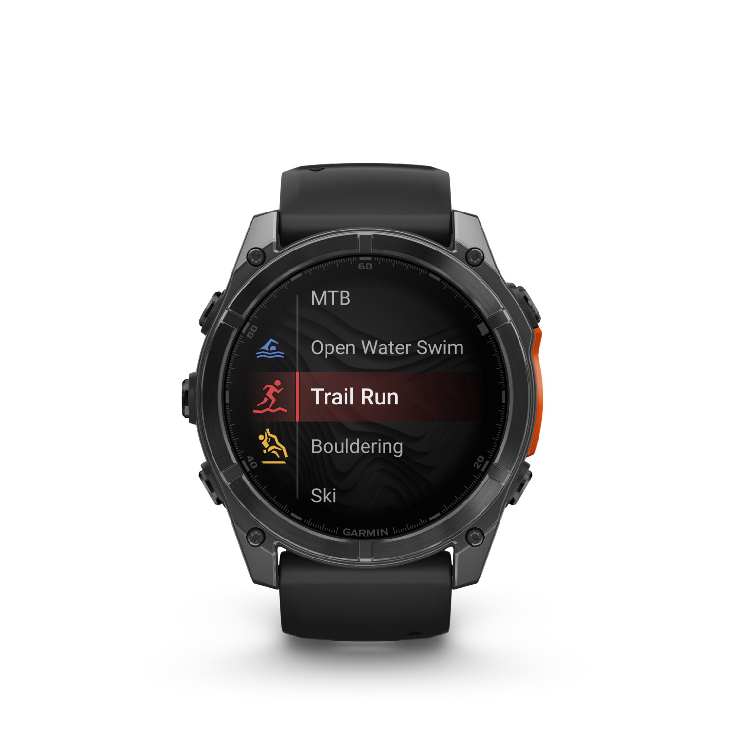 Een Garmin smartwatch met activiteit opties, waaronder trail run, open water swim en meer.