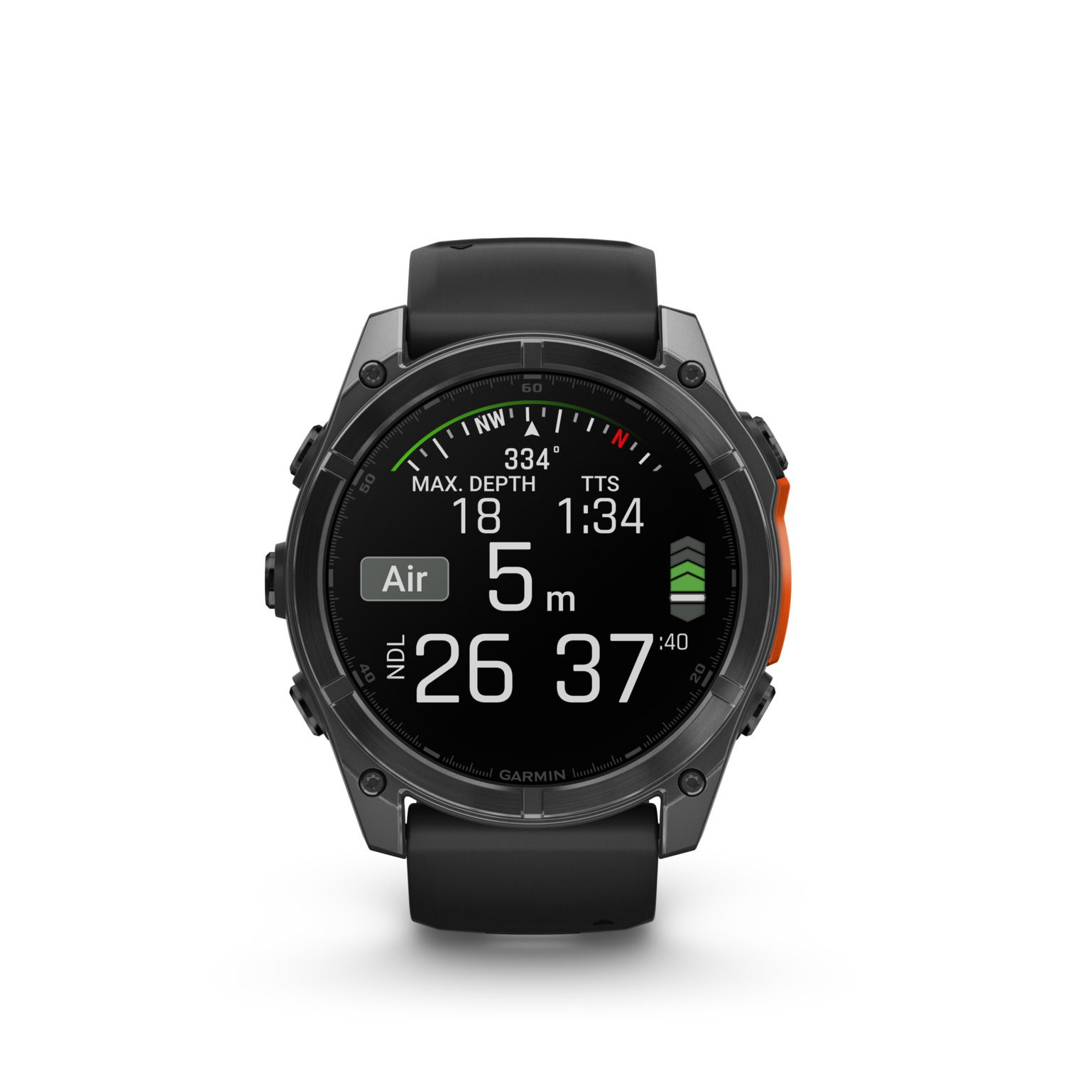 Garmin duikhorloge, zwart met oranje accenten. Toont duikgegevens: diepte, tijd en richting.