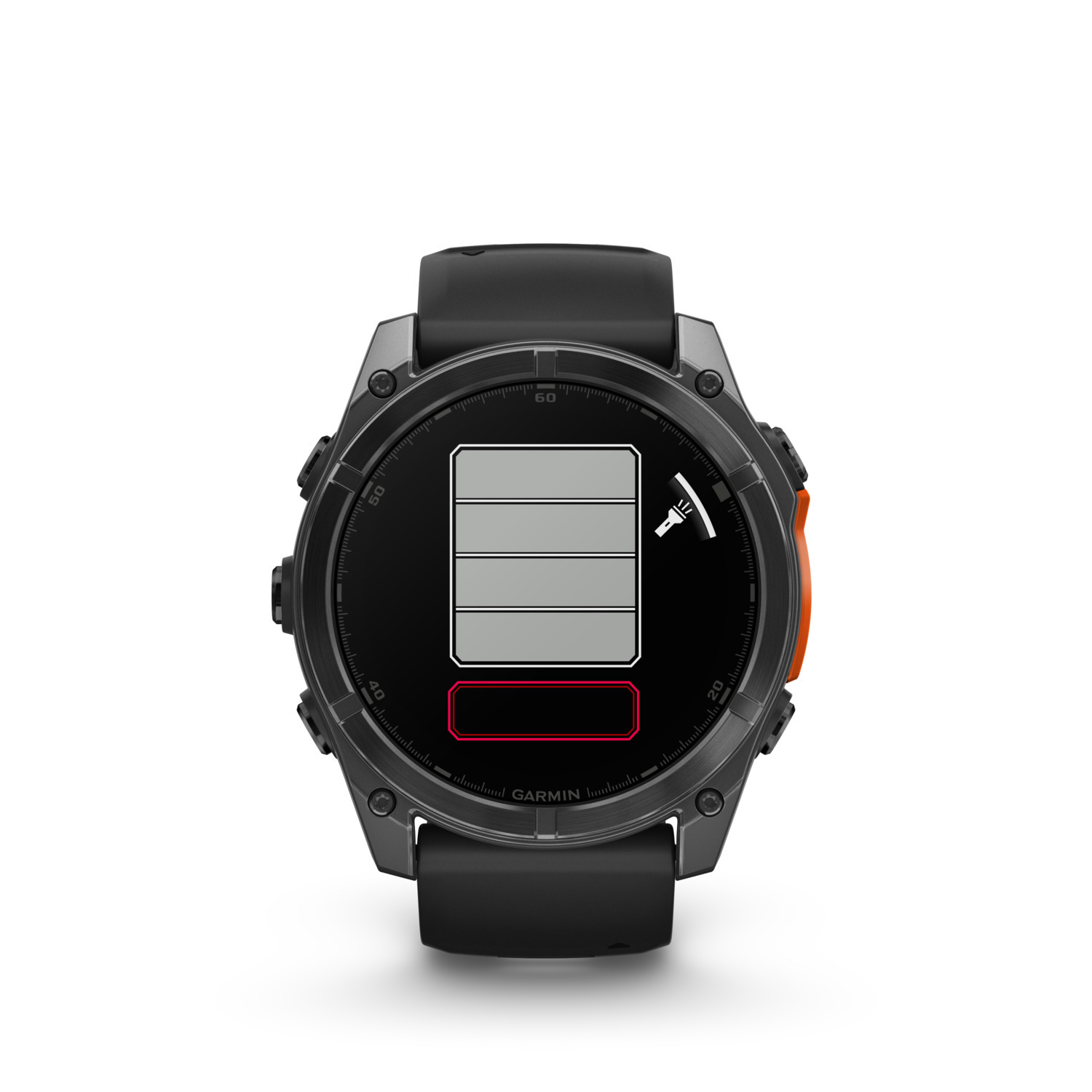 Zwarte Garmin smartwatch, batterij-indicator toont laag. Oranje knop zichtbaar. Witte achtergrond.