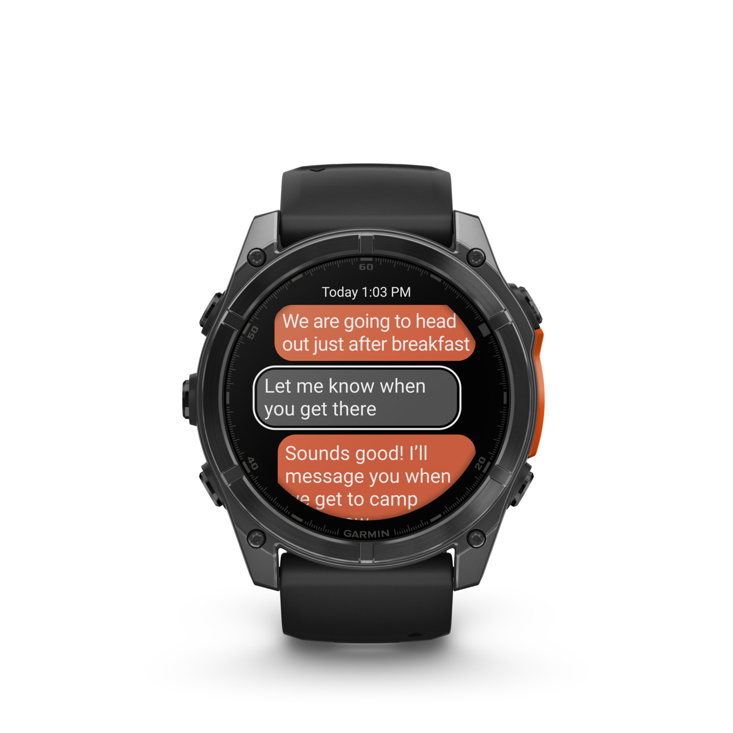 Smartwatch met tekstberichten, zwarte polsband.