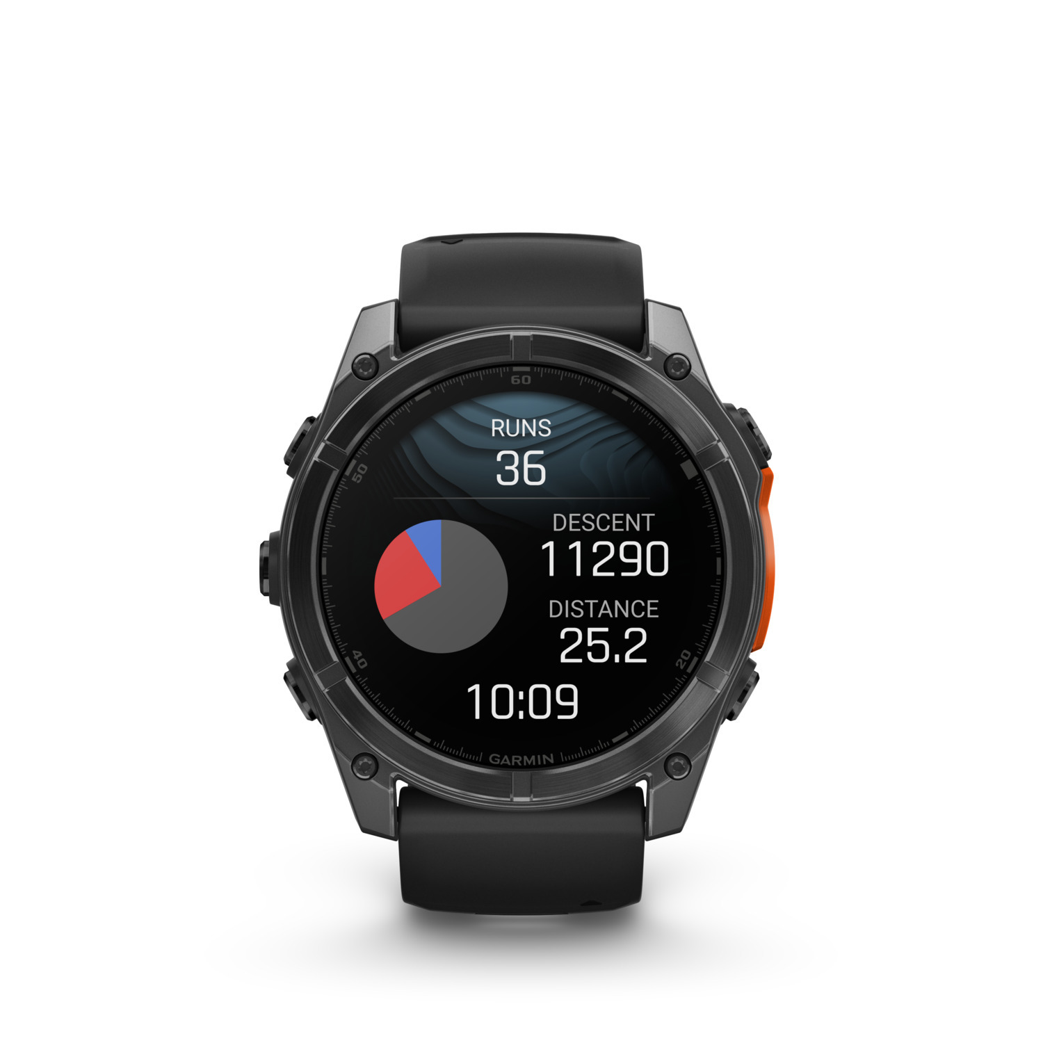 Een Garmin smartwatch die prestatiegegevens op een witte achtergrond weergeeft.