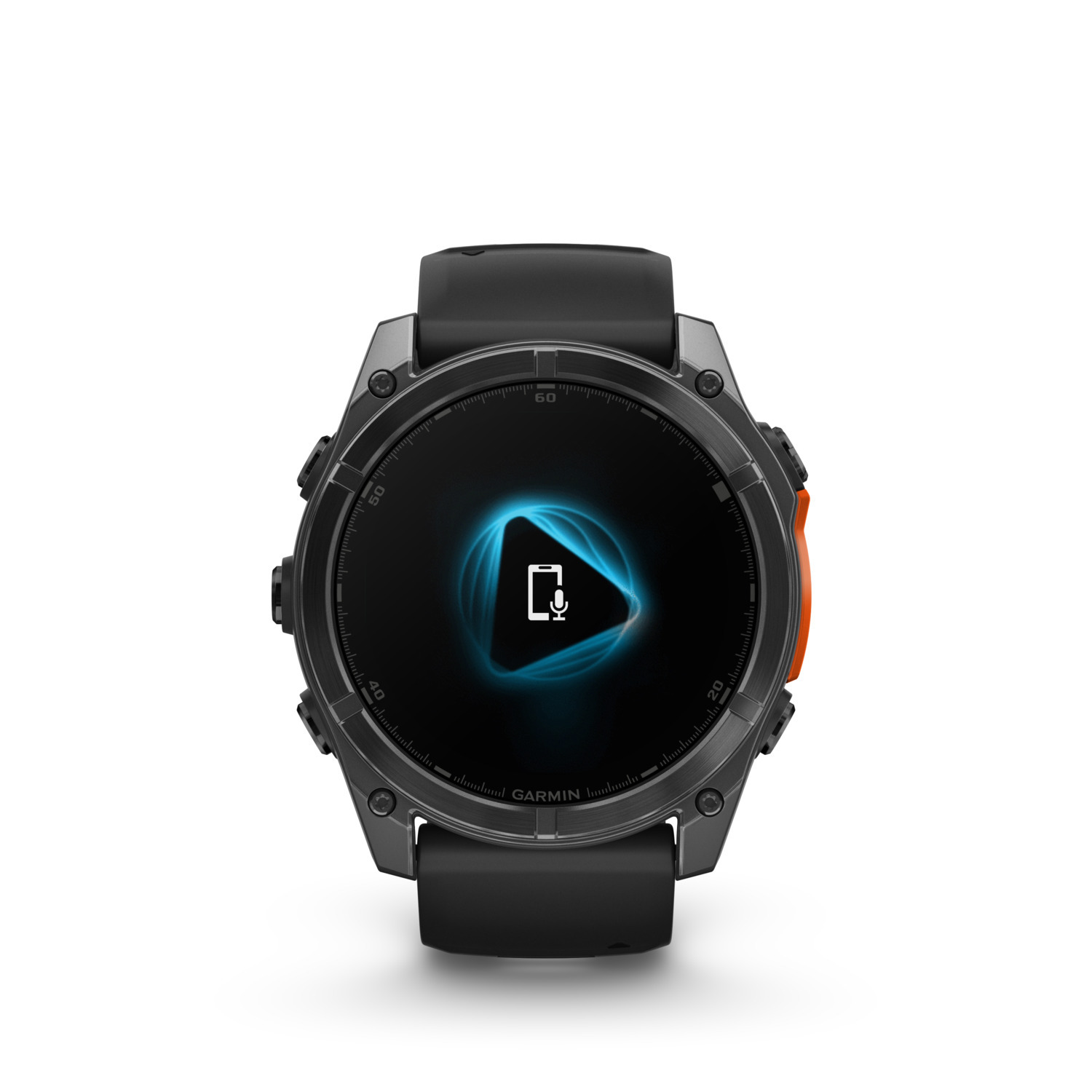 Een zwart smartwatch met een scherm dat een pictogram voor een oproep weergeeft. Heeft een oranje knop.
