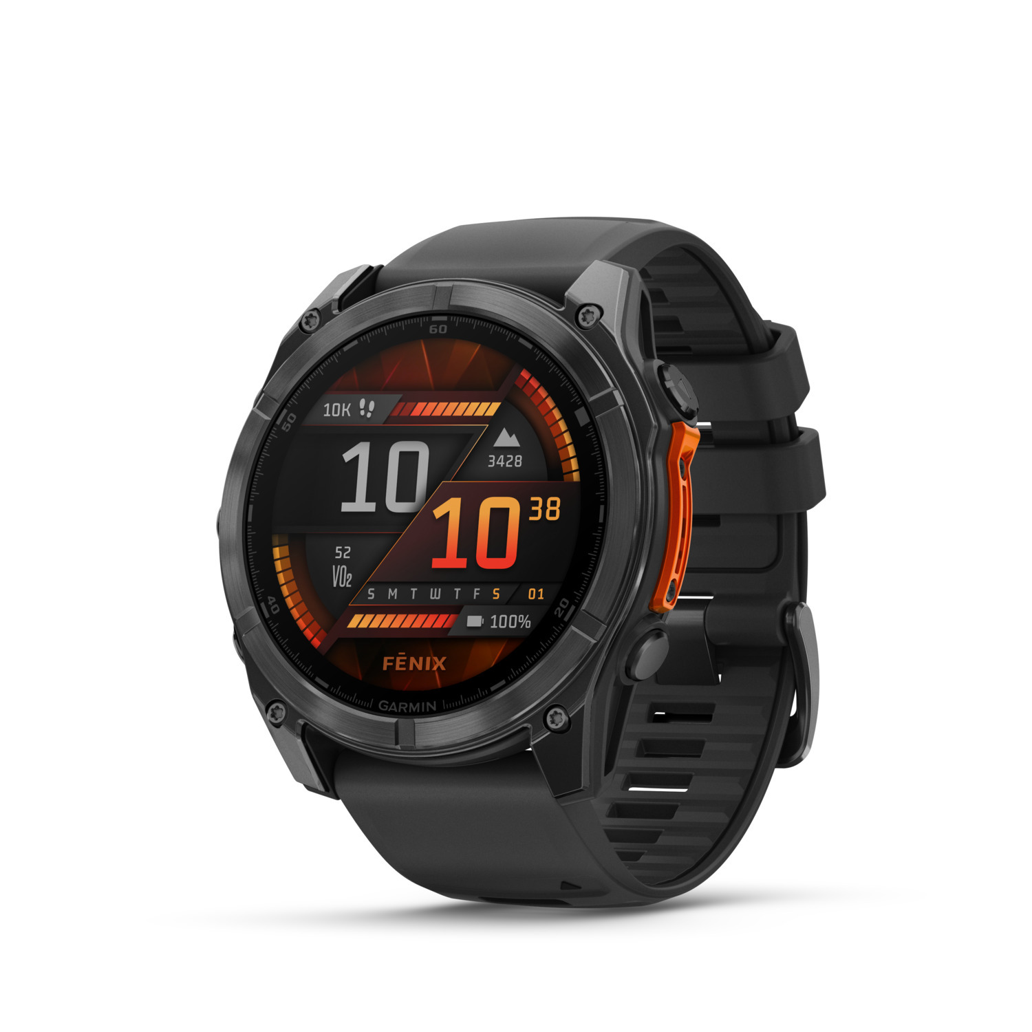 Zwarte Garmin Fenix smartwatch met een oranje knop en een digitaal display met gegevens.