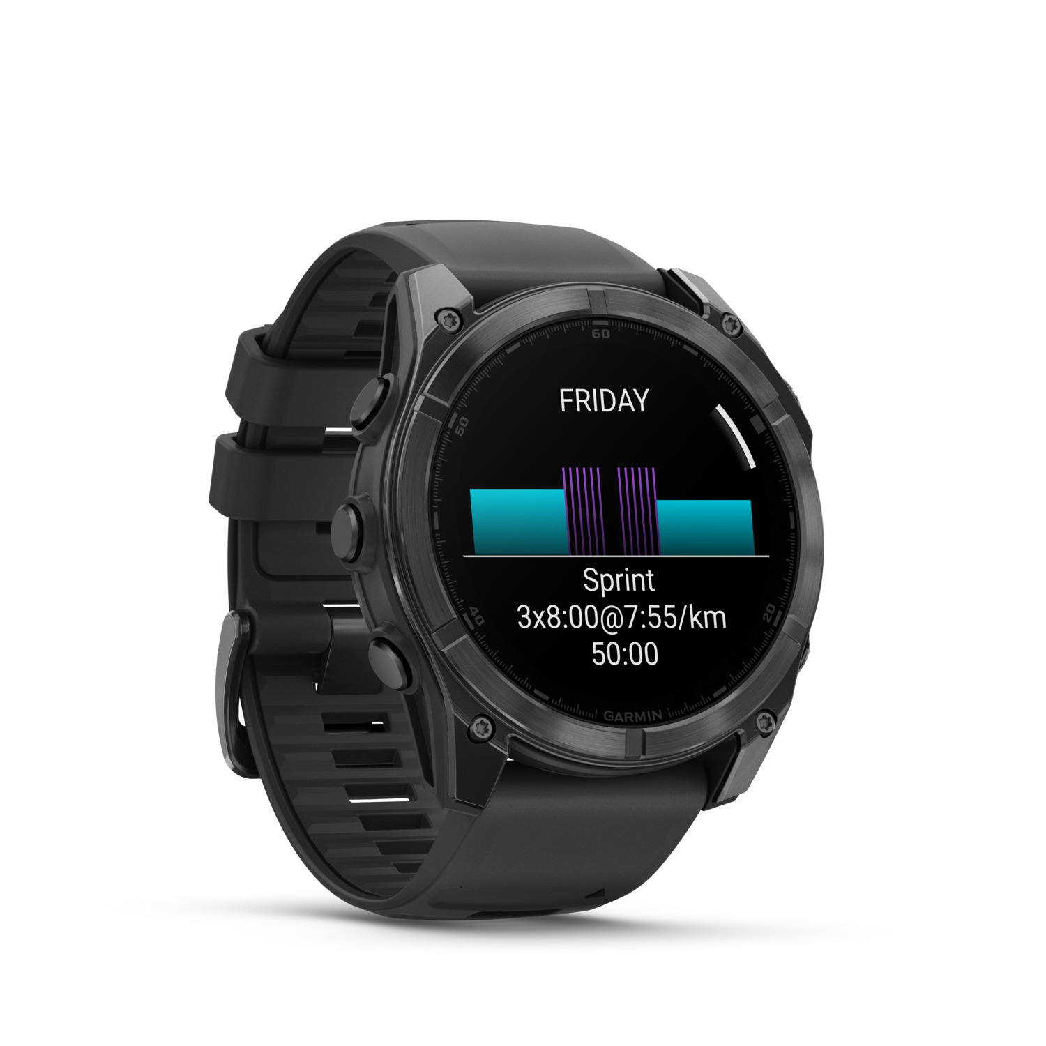 Zwarte Garmin smartwatch met fitnessgegevens op een witte achtergrond. Vrijdag wordt weergegeven.