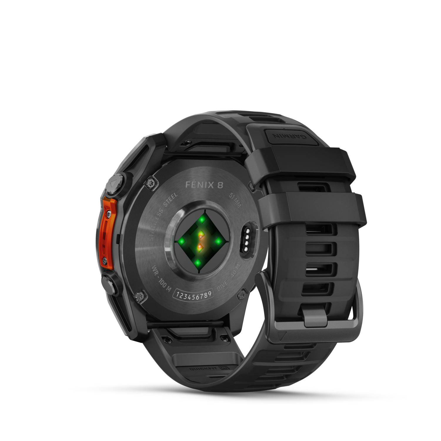Zwarte smartwatch, achteraanzicht, met oranje accent.