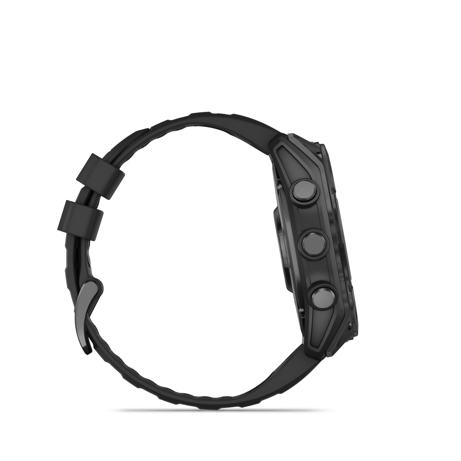 Zwarte smartwatch met zwarte band op donkere achtergrond. Zijaanzicht met drie knoppen.