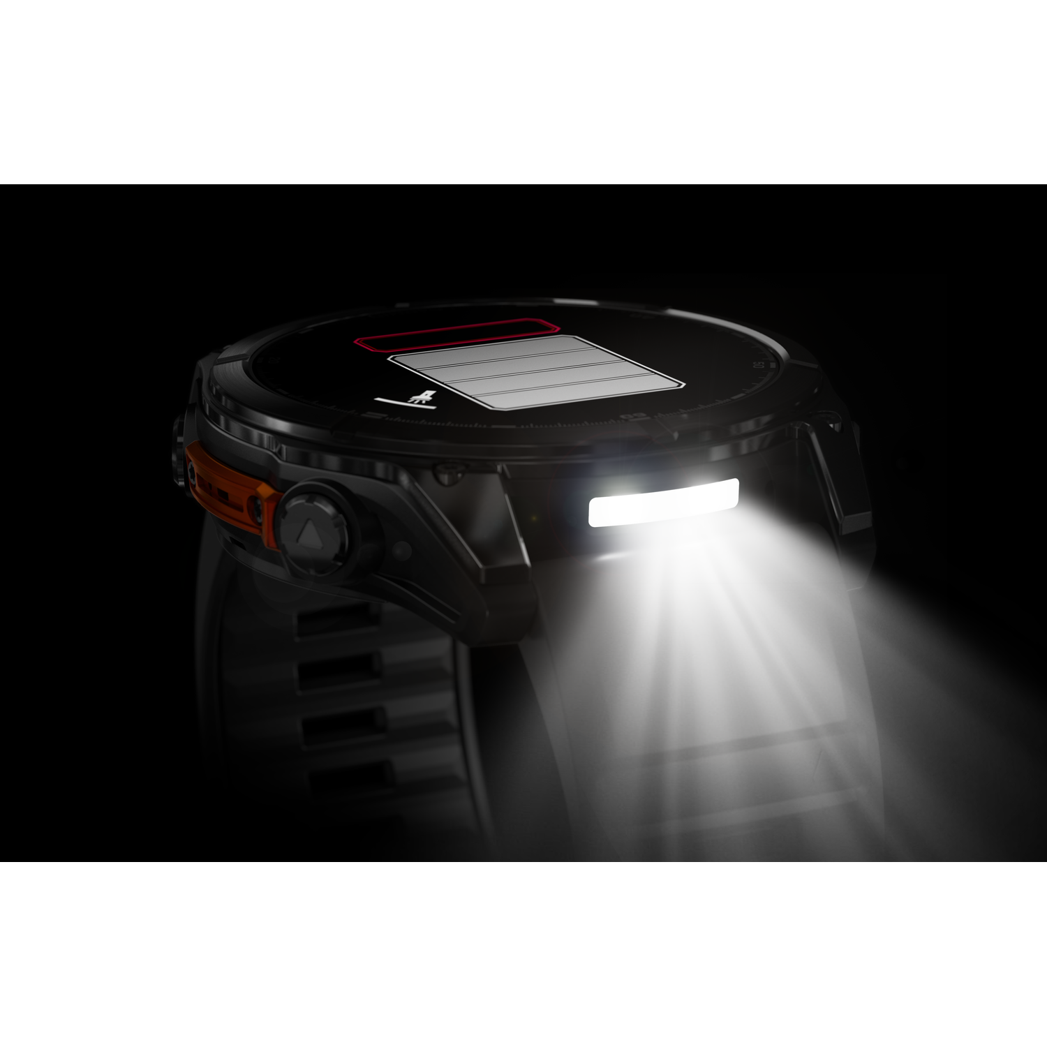 Een zwart smartwatch die oplicht met een helder wit licht en een batterij-indicator.