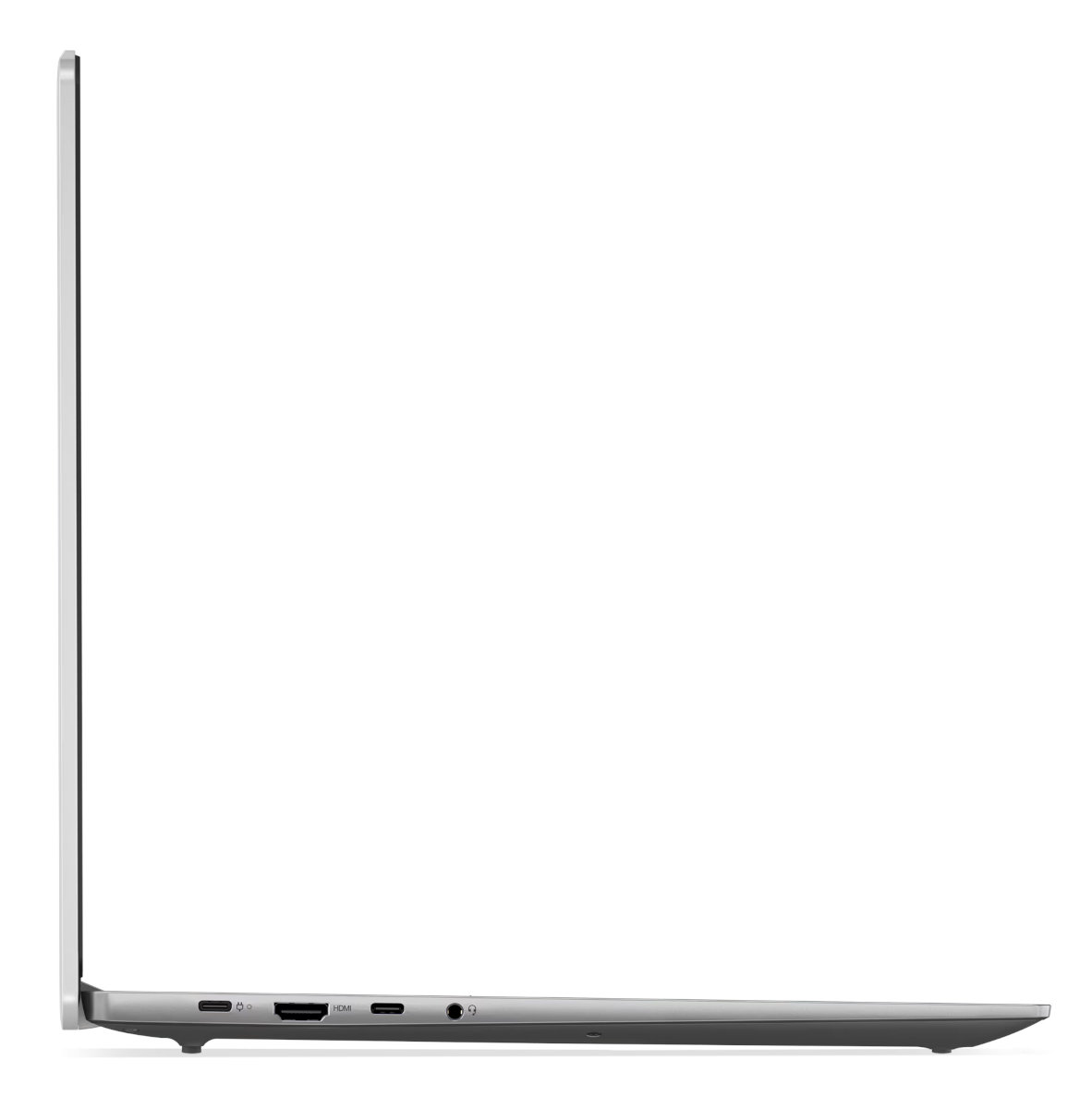 Widok z boku szarego laptopa, pokazujący porty i otwarty wyświetlacz.