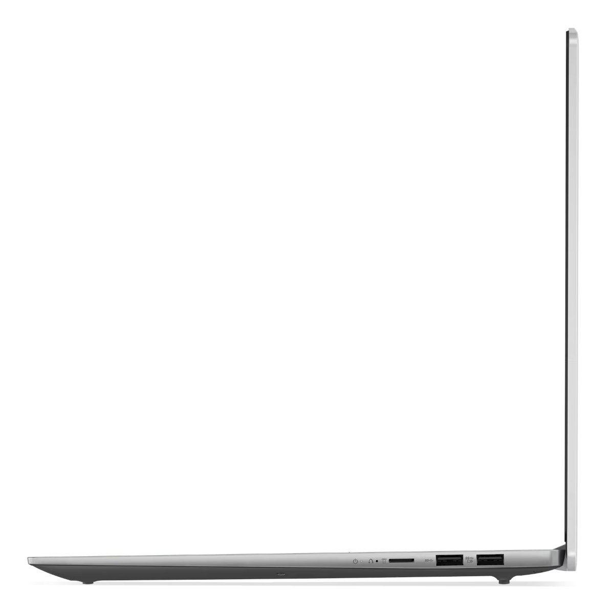 Srebrny laptop z boku, pokazujący porty i zamknięty ekran.