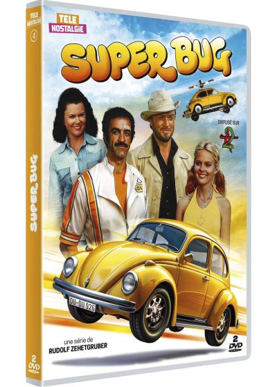 Jaquette DVD de Superbug. La jaquette montre un scarabée jaune, quatre personnes et un fond jaune.