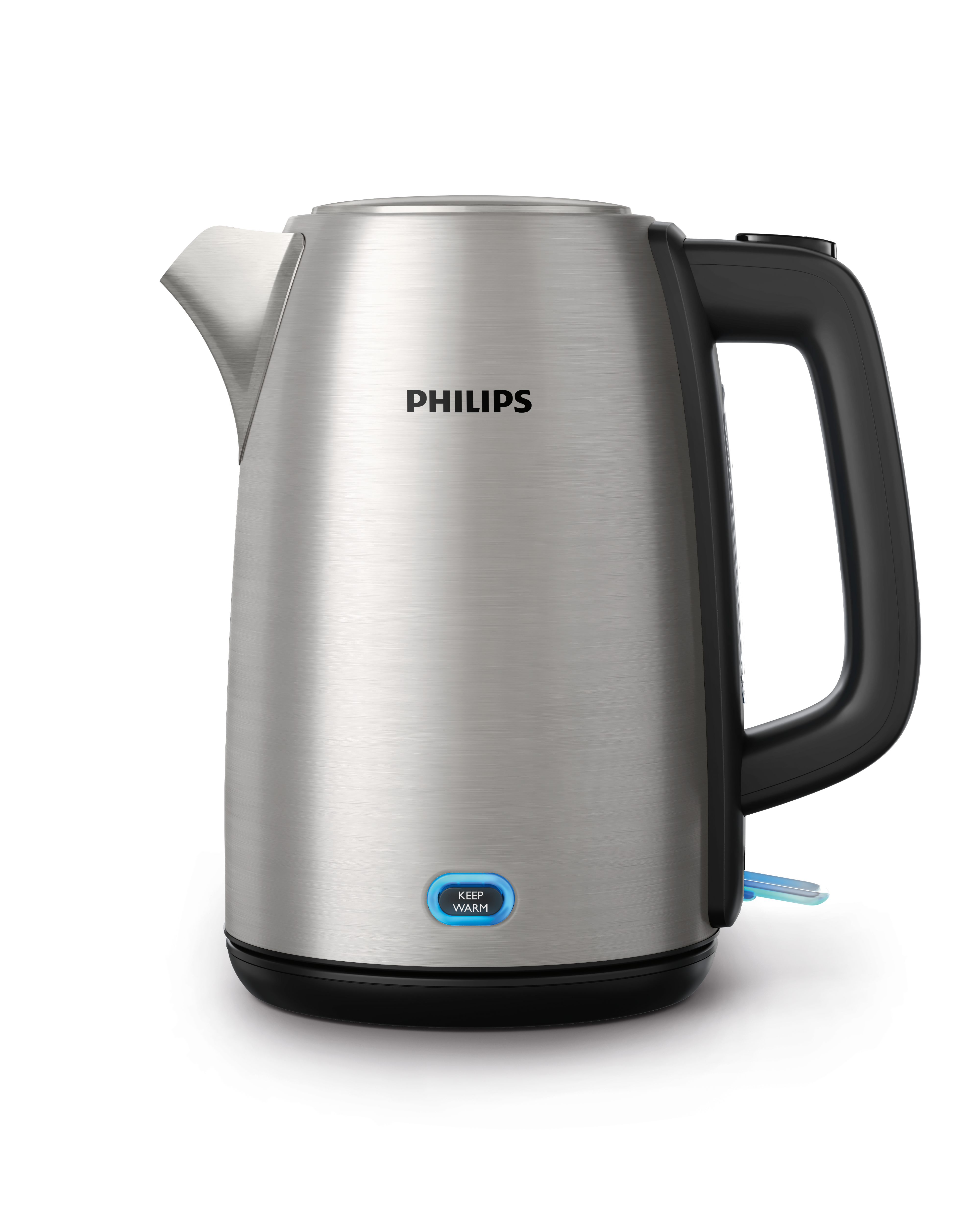 Ezüst Philips vízforraló fekete fogantyúval és kék 'melegen tartó' fénnyel.
