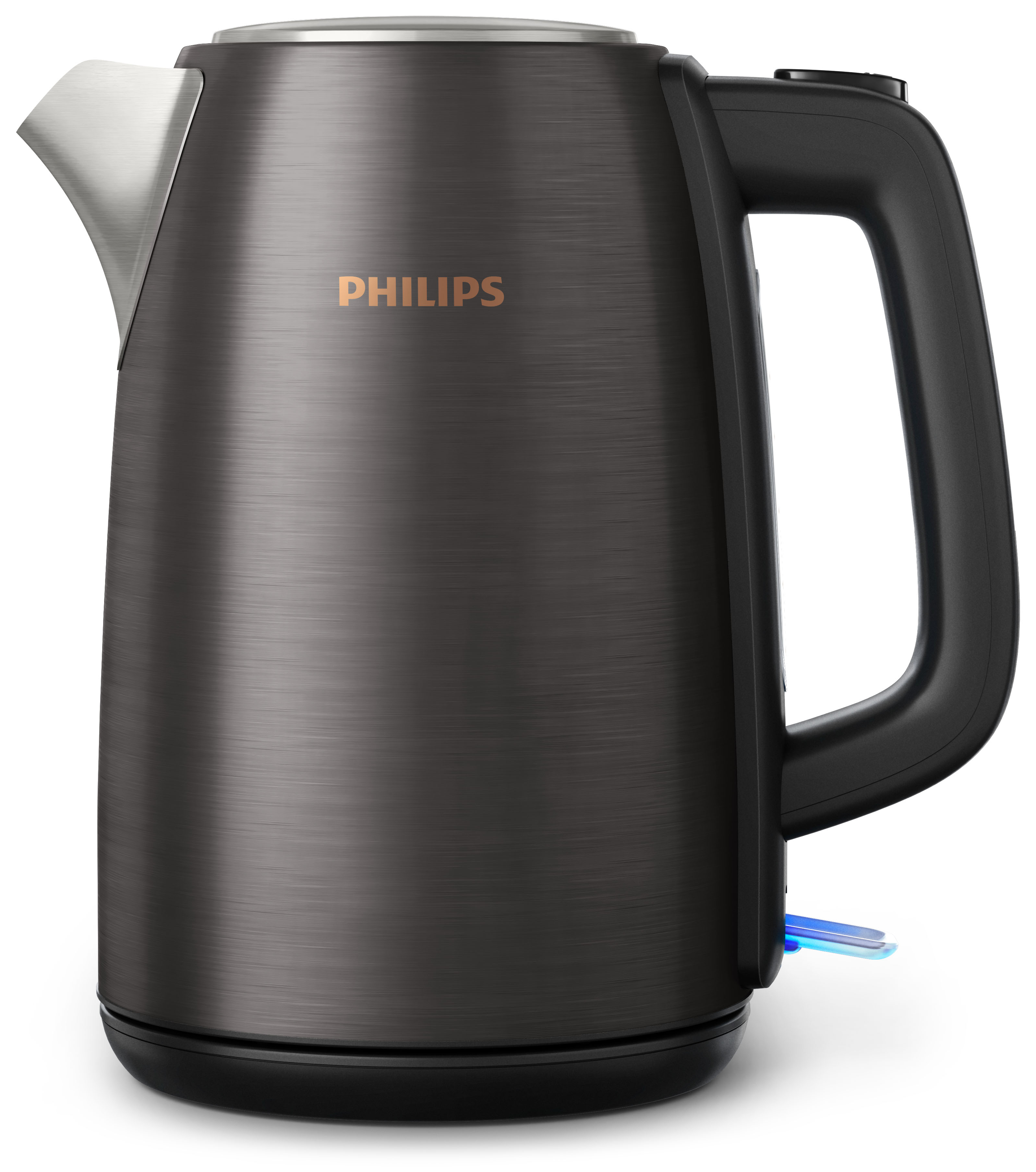 Fekete Philips vízforraló ezüst tetővel és fogantyúval. Kék fény az alján.