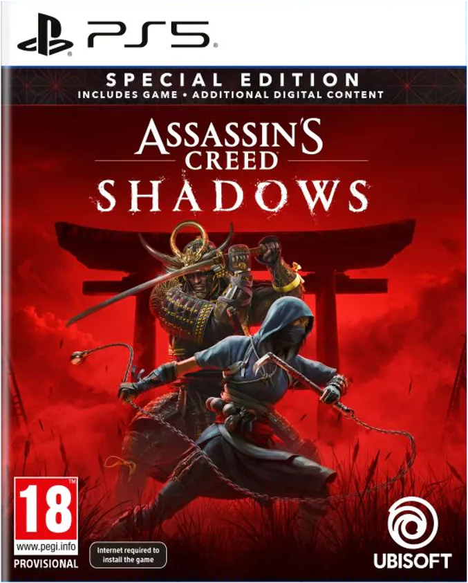 Gamebox voor 'Assassin's Creed Shadows'. Twee figuren in actie, rode achtergrond, PS5 logo bovenaan.