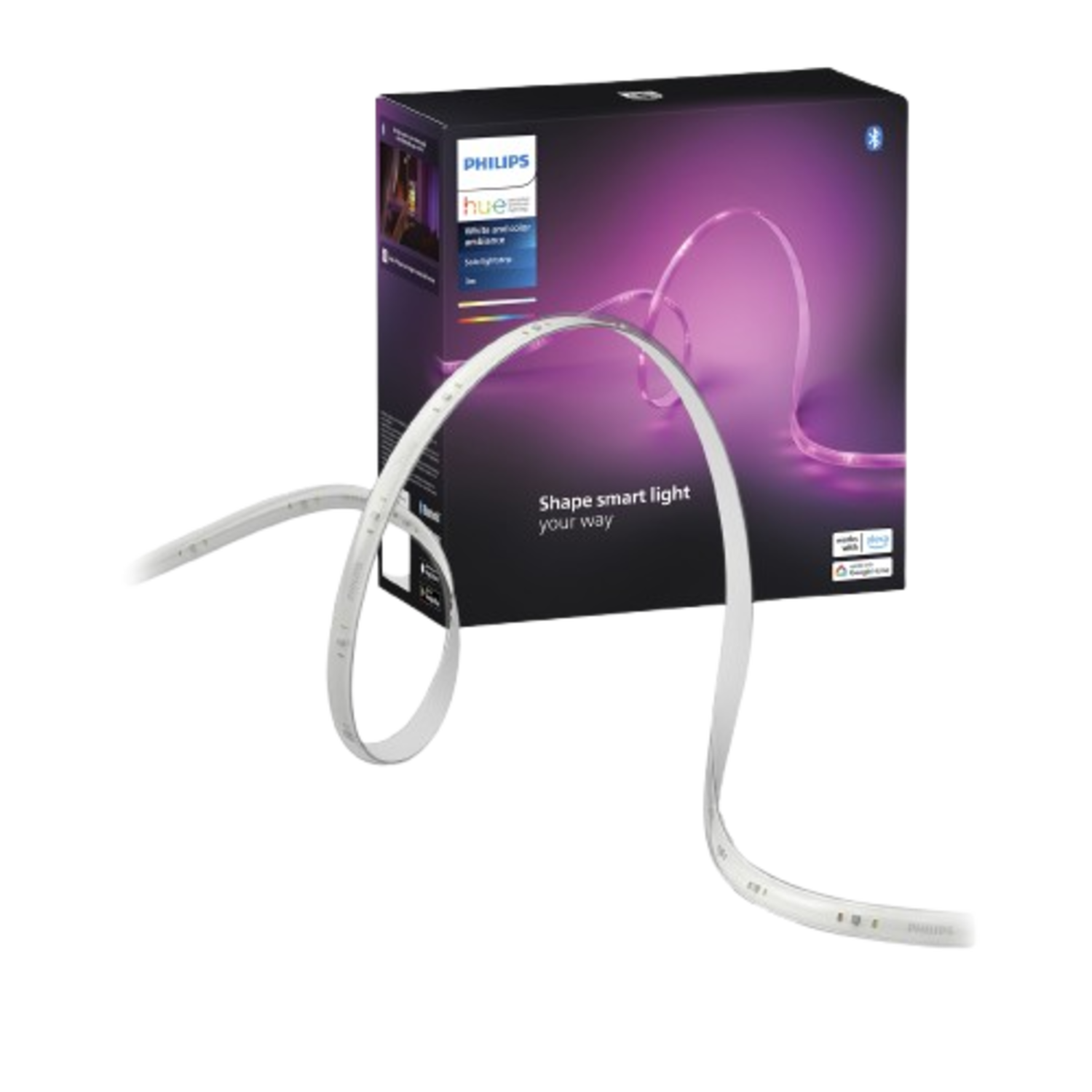 Philips Hue lichtstrip voor de verpakking. De doos laat de strip zien die een kamer verlicht. Vorm je slimme licht.