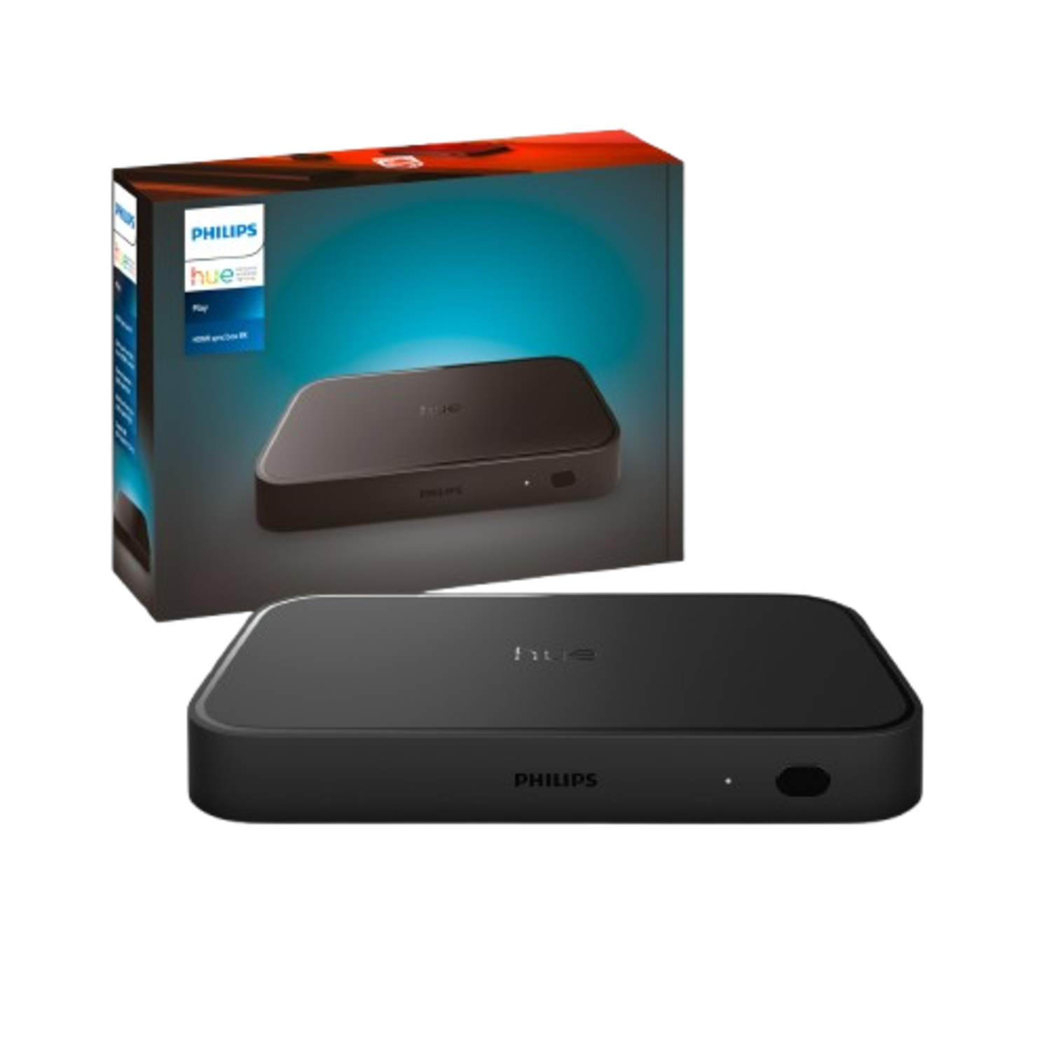 Zwarte Philips Hue Play met doos. Product en doos hebben het Philips logo.