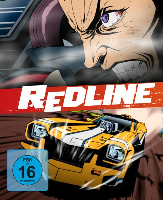 Filmplakat: Gelbes Rennauto, wütendes Gesicht. Titel: Redline.